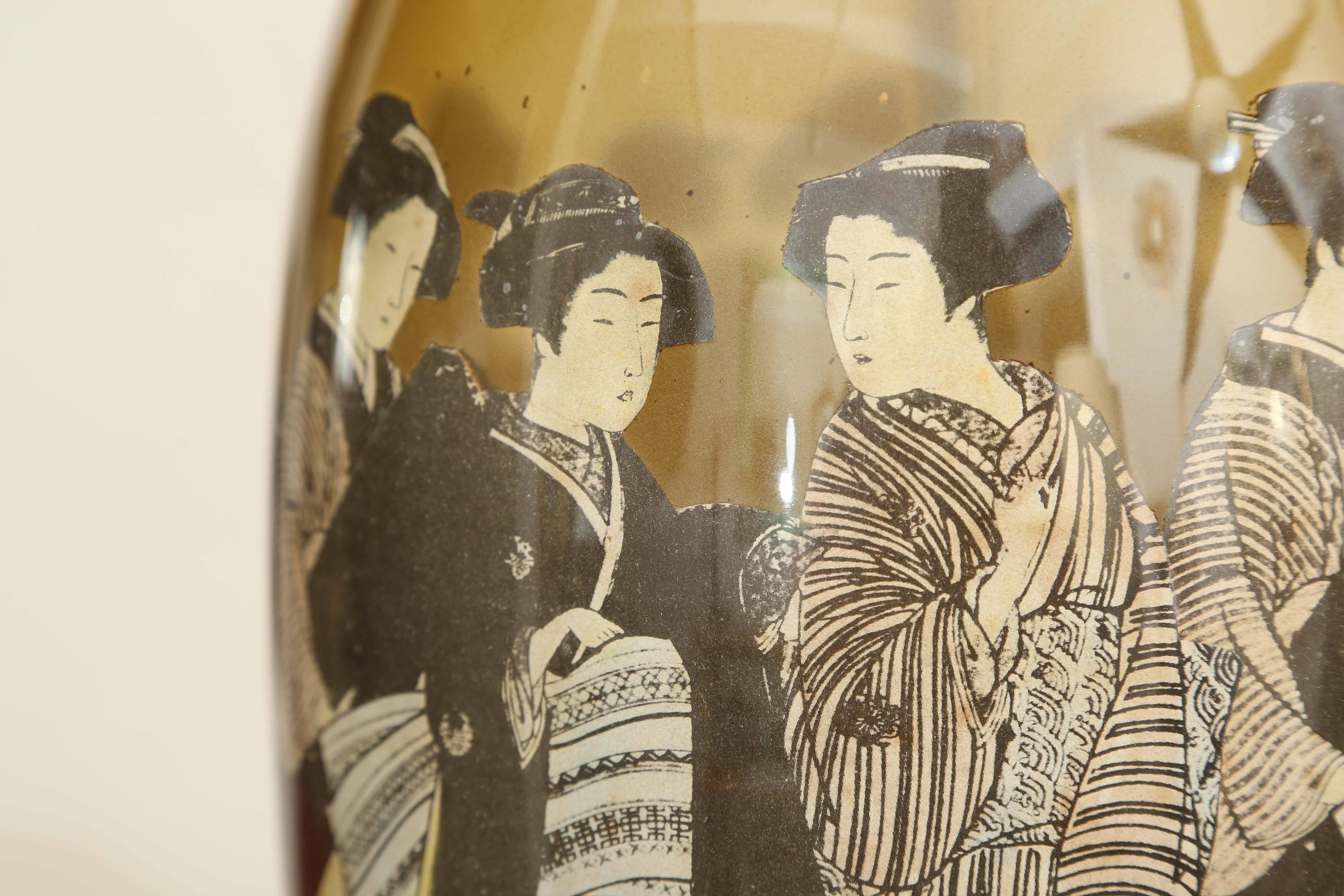 20th Century Pair of Mid-Century Reverse Painted Oriental Style Geisha Lamps