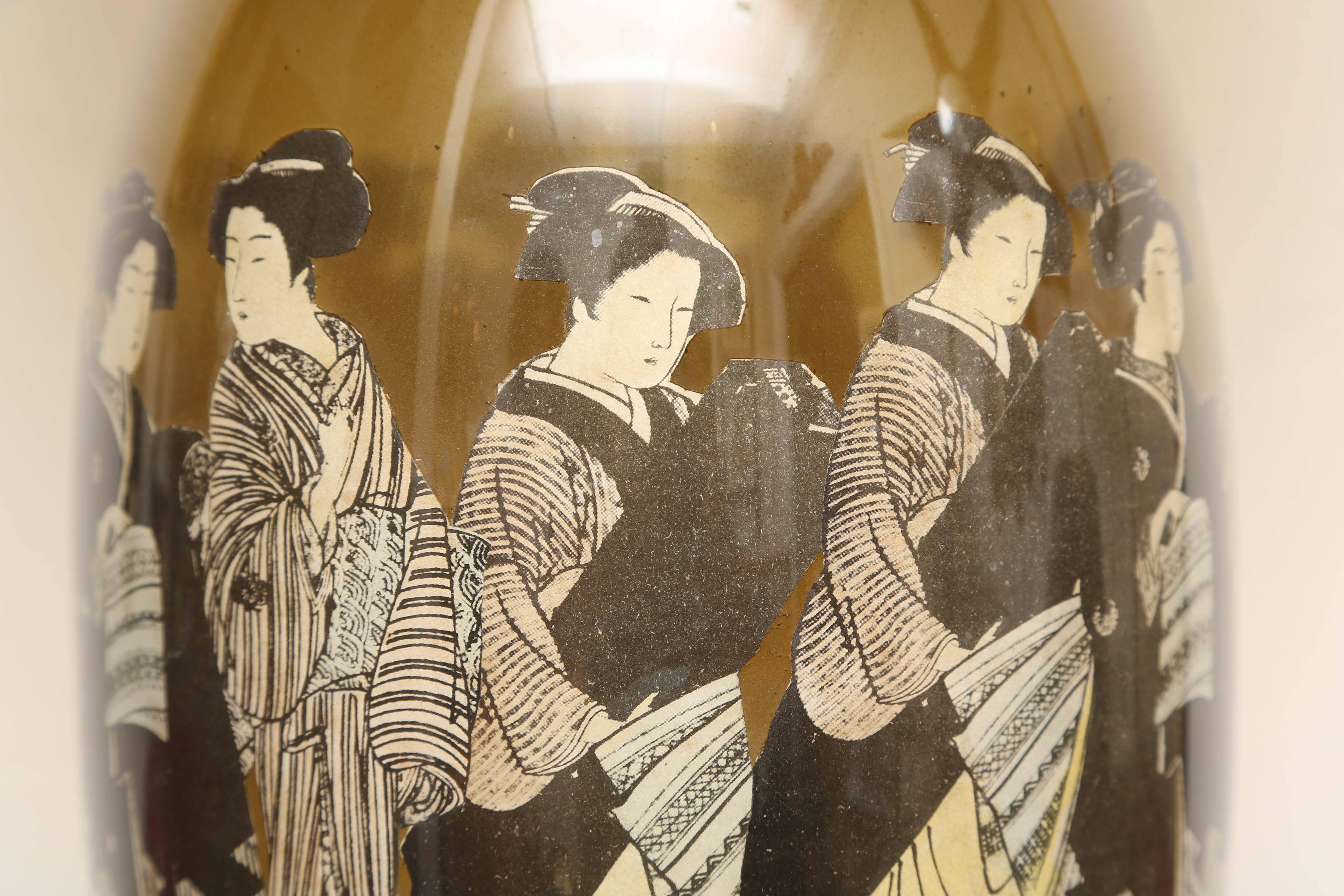 Pair of Mid-Century Reverse Painted Oriental Style Geisha Lamps 2