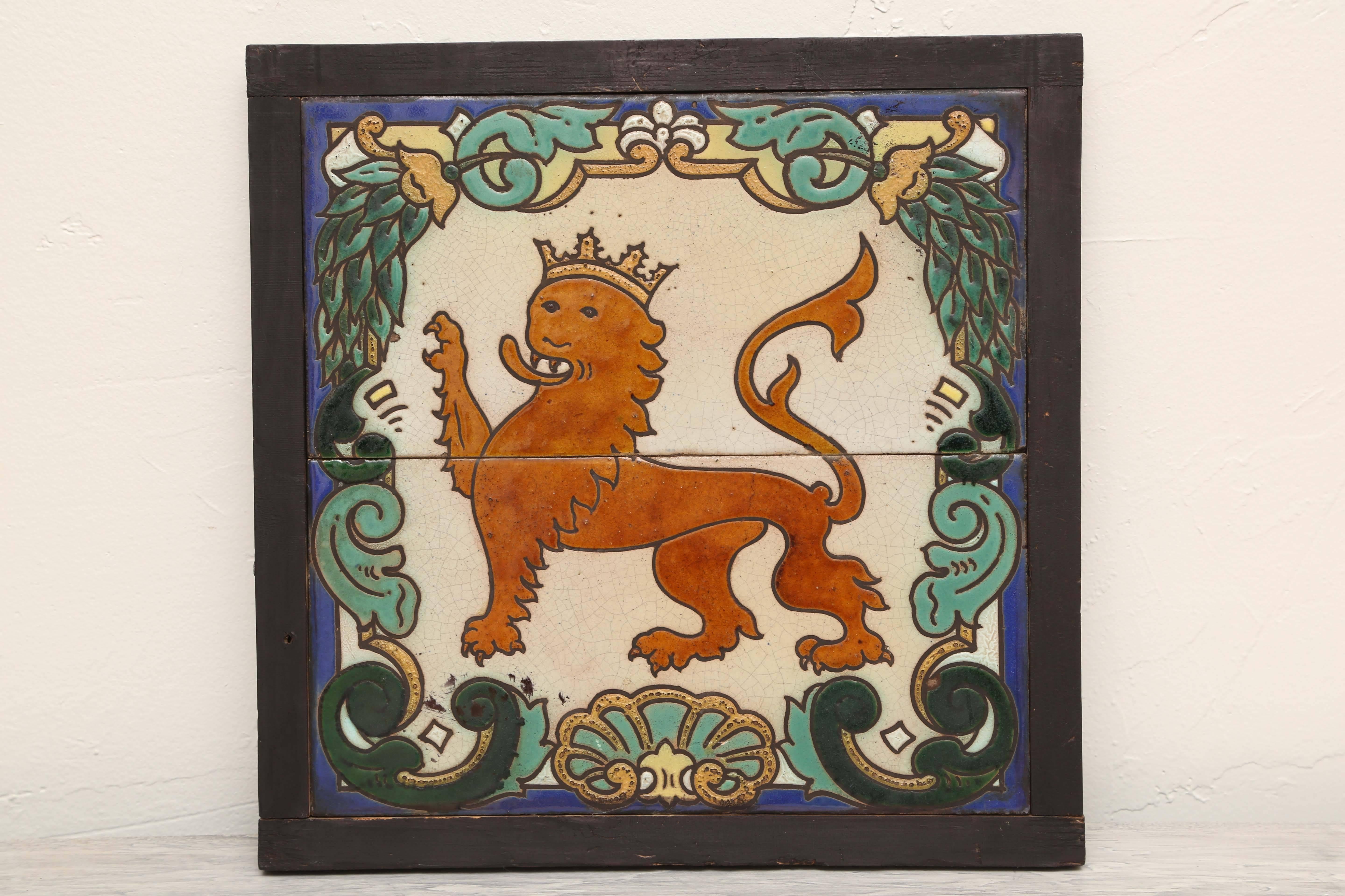 Ceramic Pair of Framed Antique Armorial Crest Tiles