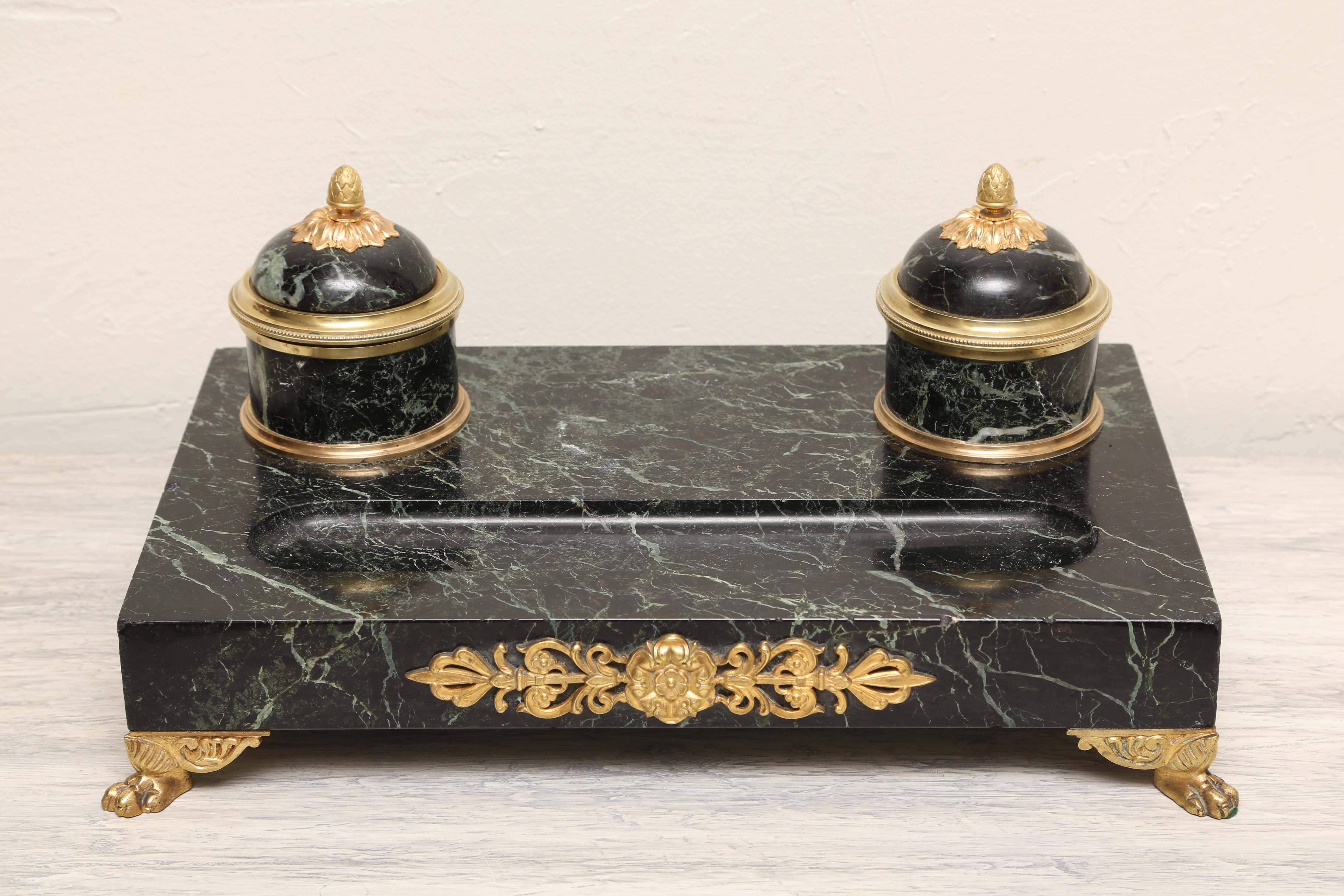 Outstanding marble and bronze antique neoclassical inkwell done with great detail. Made in France in the latter part of the 19th century.