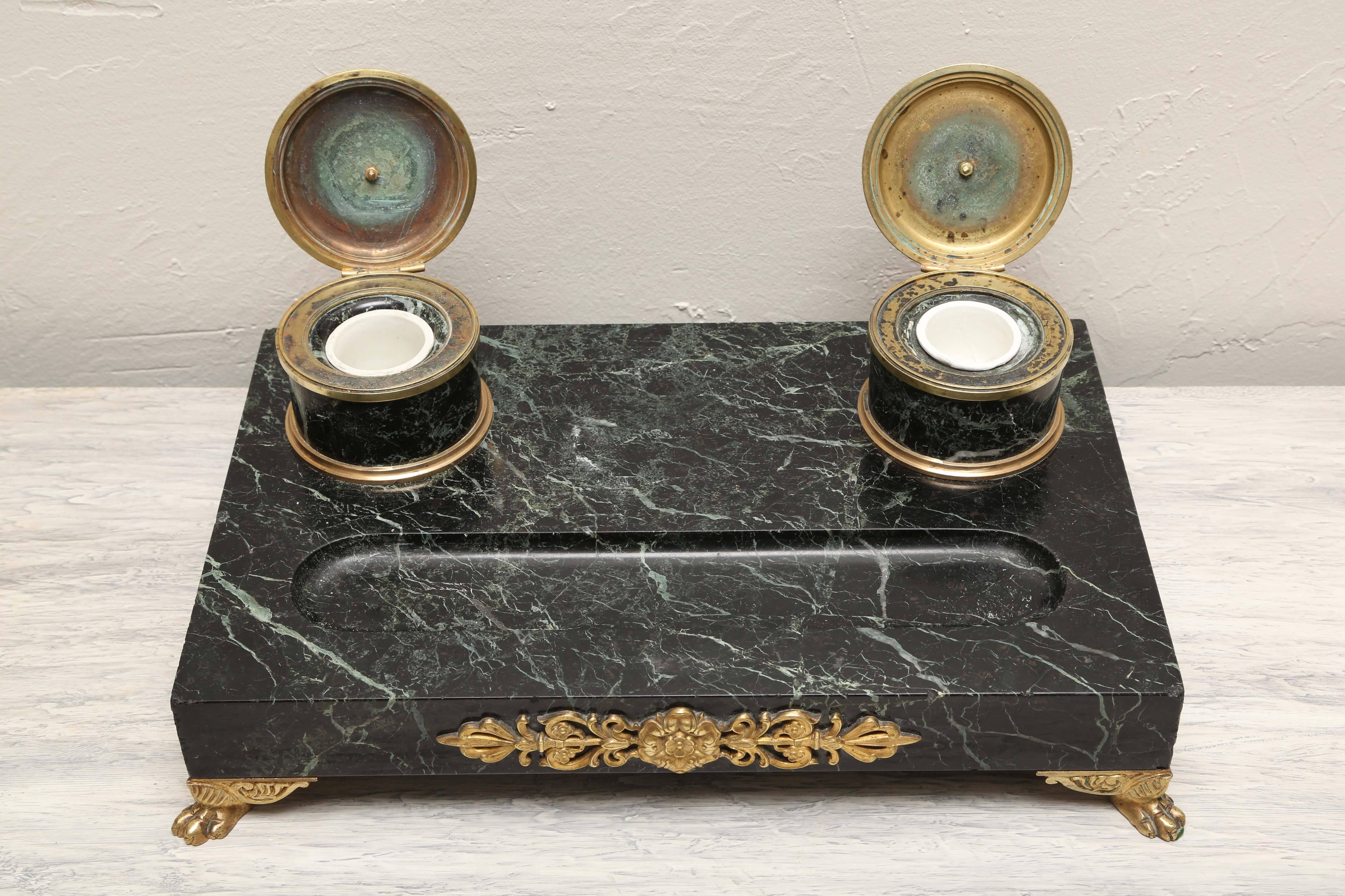 Neoclassical 19th Century Napoleonic Marble and Doré Bronze Inkwell
