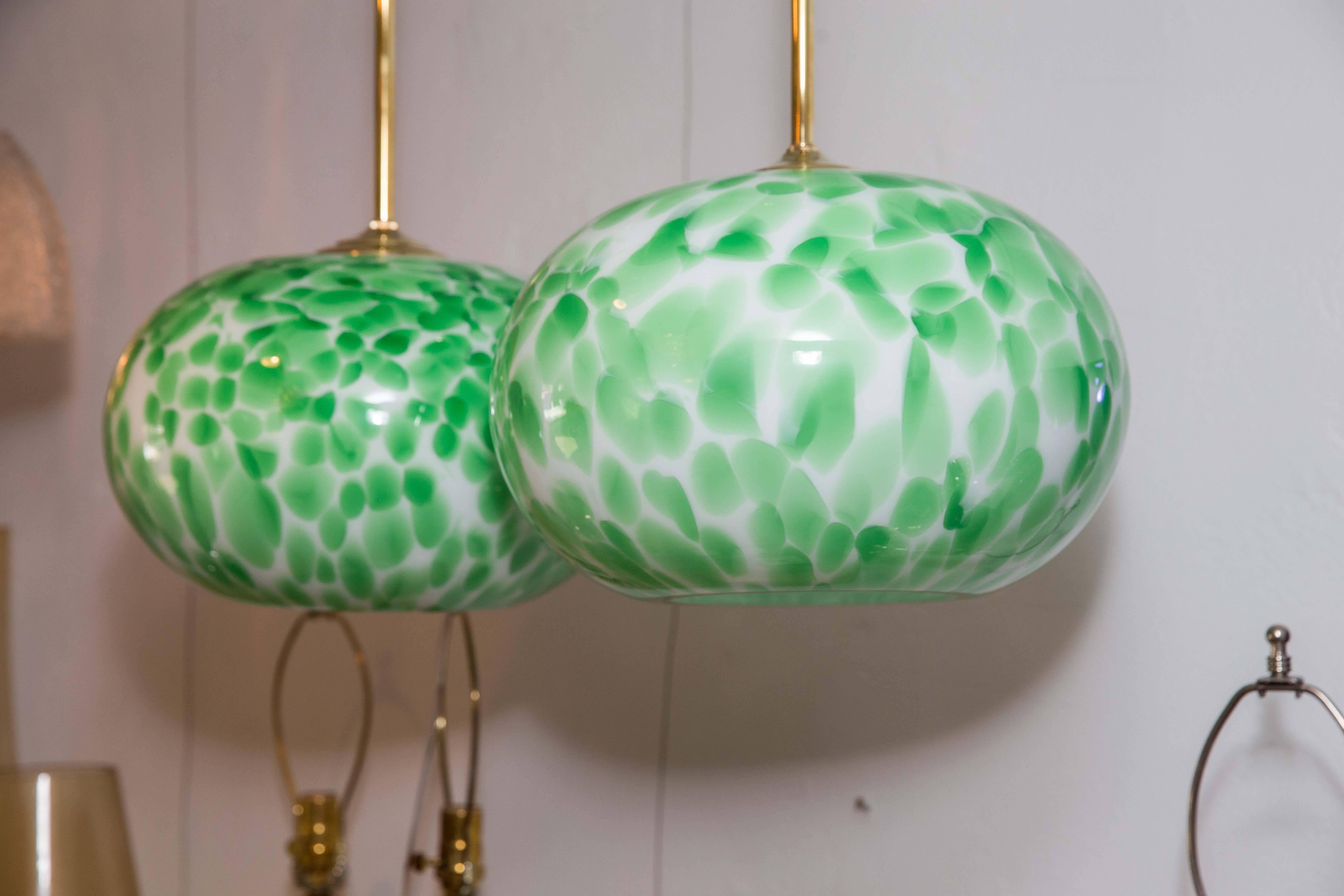 Mid-Century Modern Murano Green and White Opaque Globe Pendant Light Fixture with Brass Detail