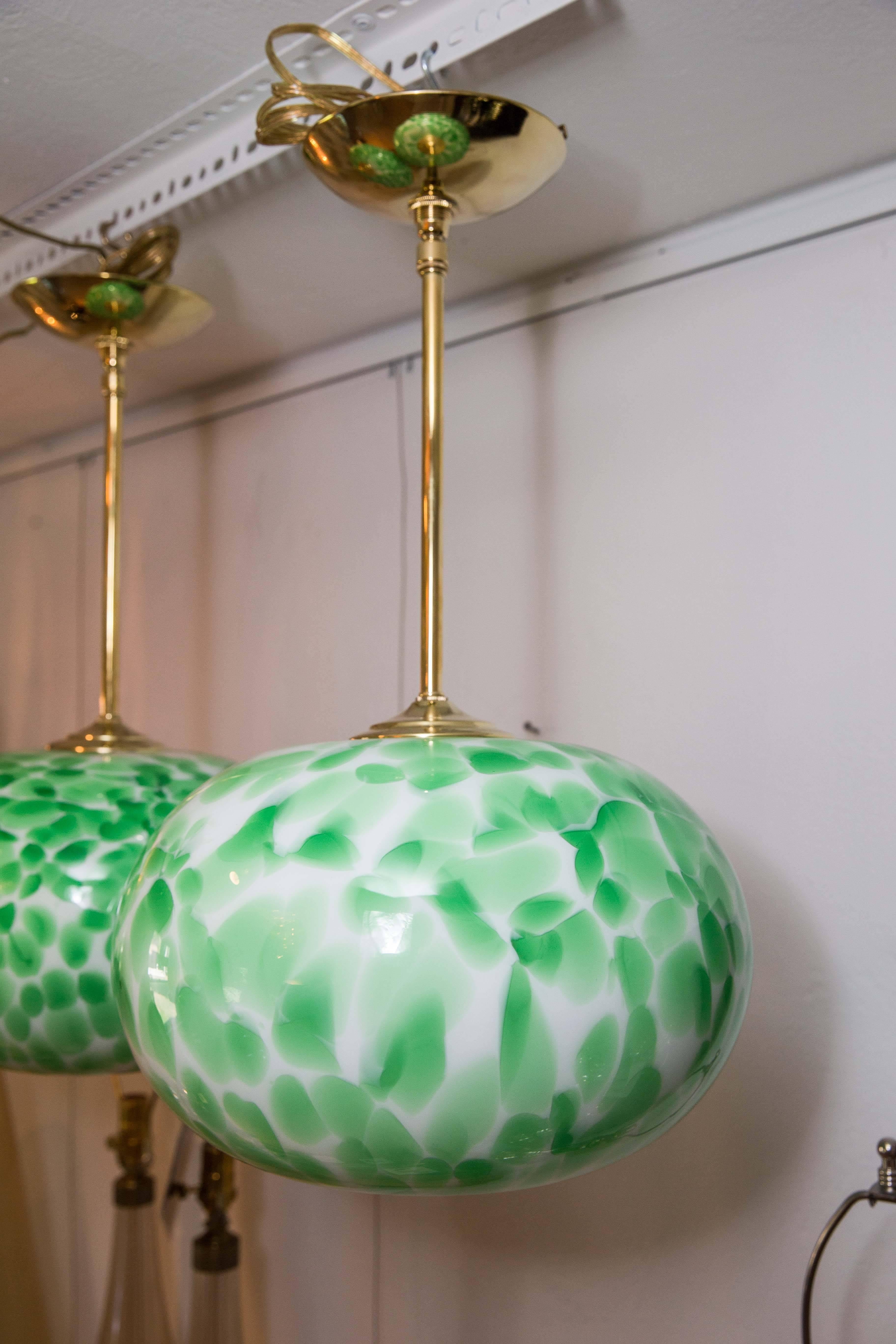 Italian Murano Green and White Opaque Globe Pendant Light Fixture with Brass Detail