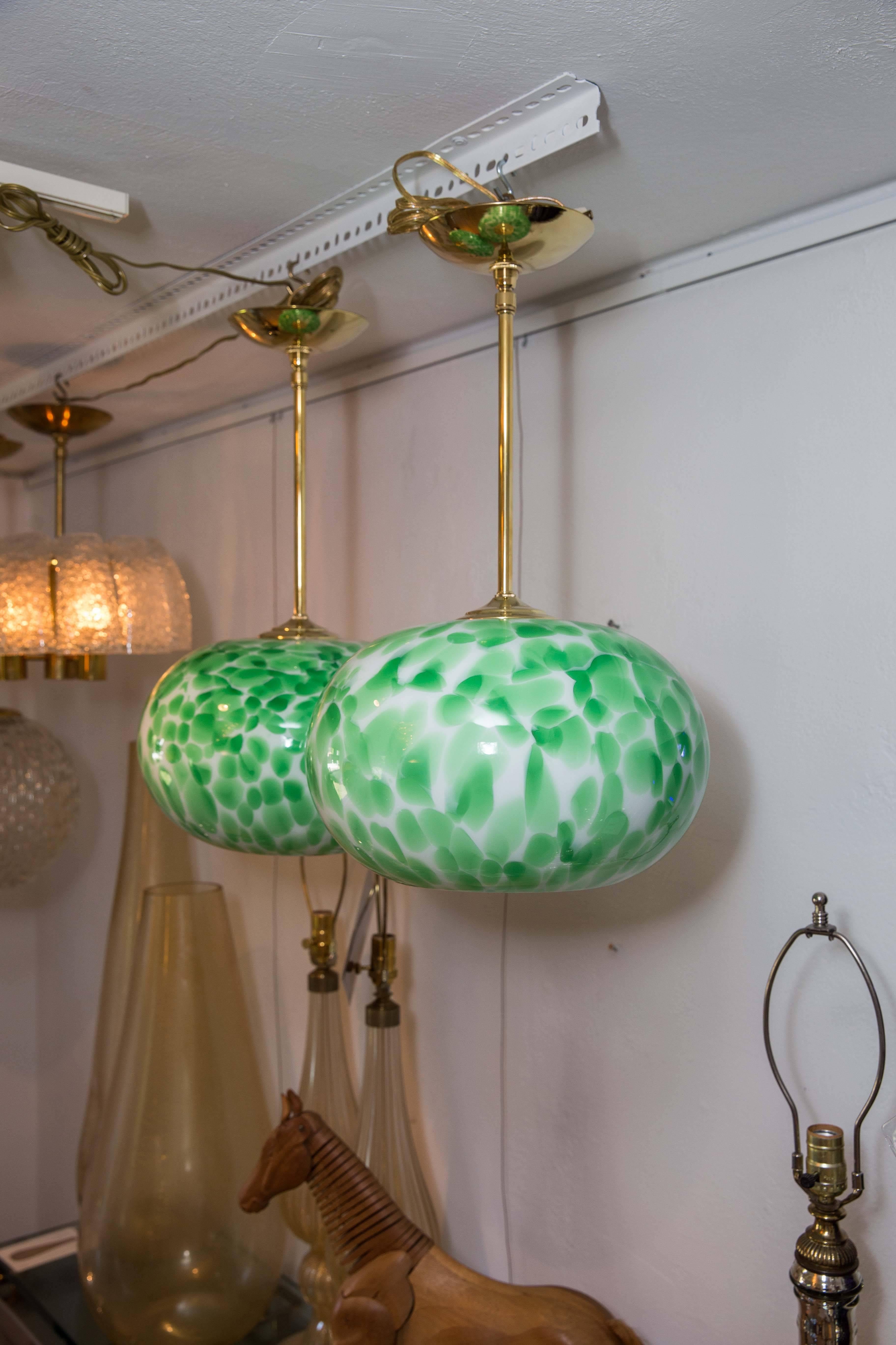 Murano Green and White Opaque Globe Pendant Light Fixture with Brass Detail In Excellent Condition In Bridgehampton, NY