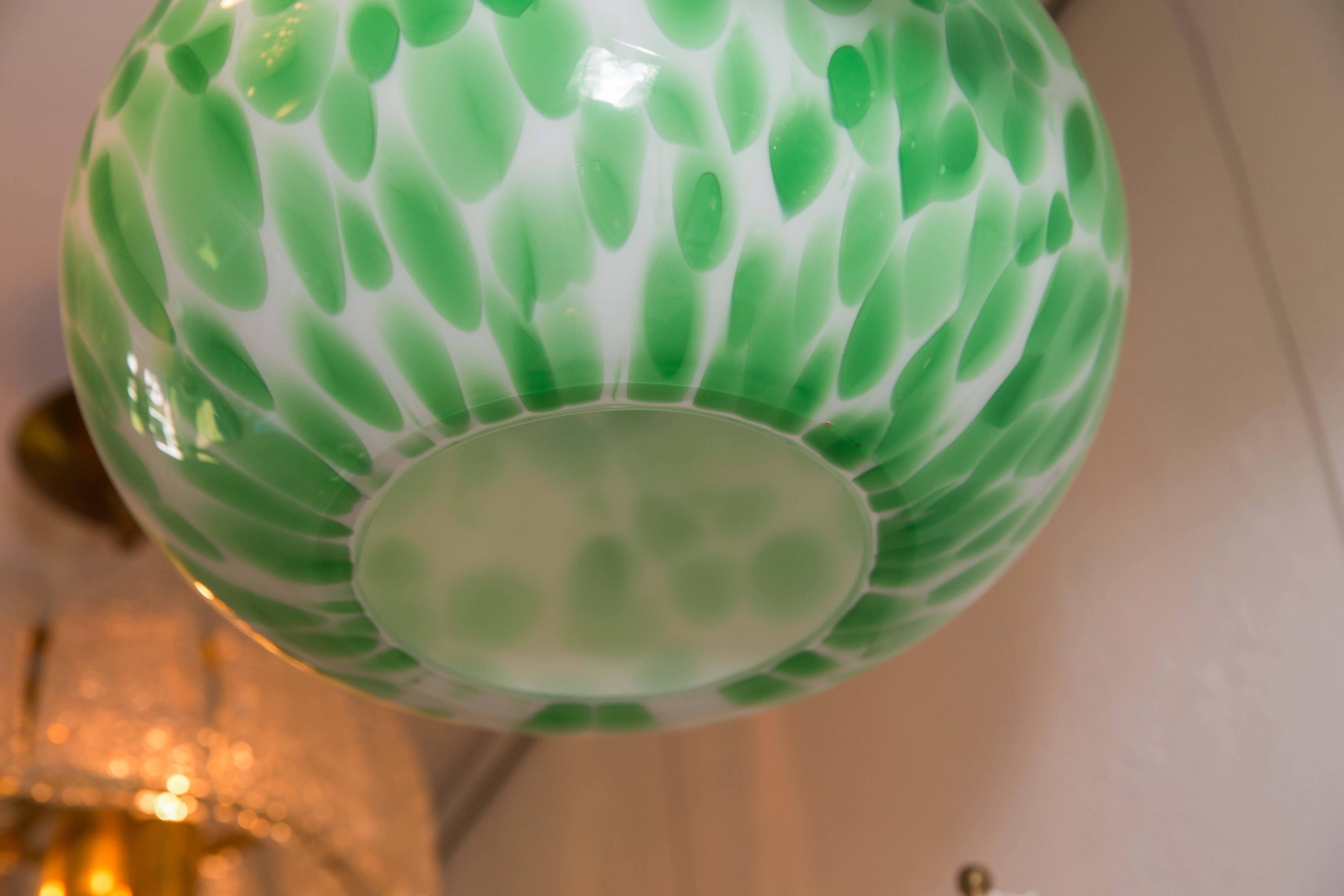 Murano Green and White Opaque Globe Pendant Light Fixture with Brass Detail 1
