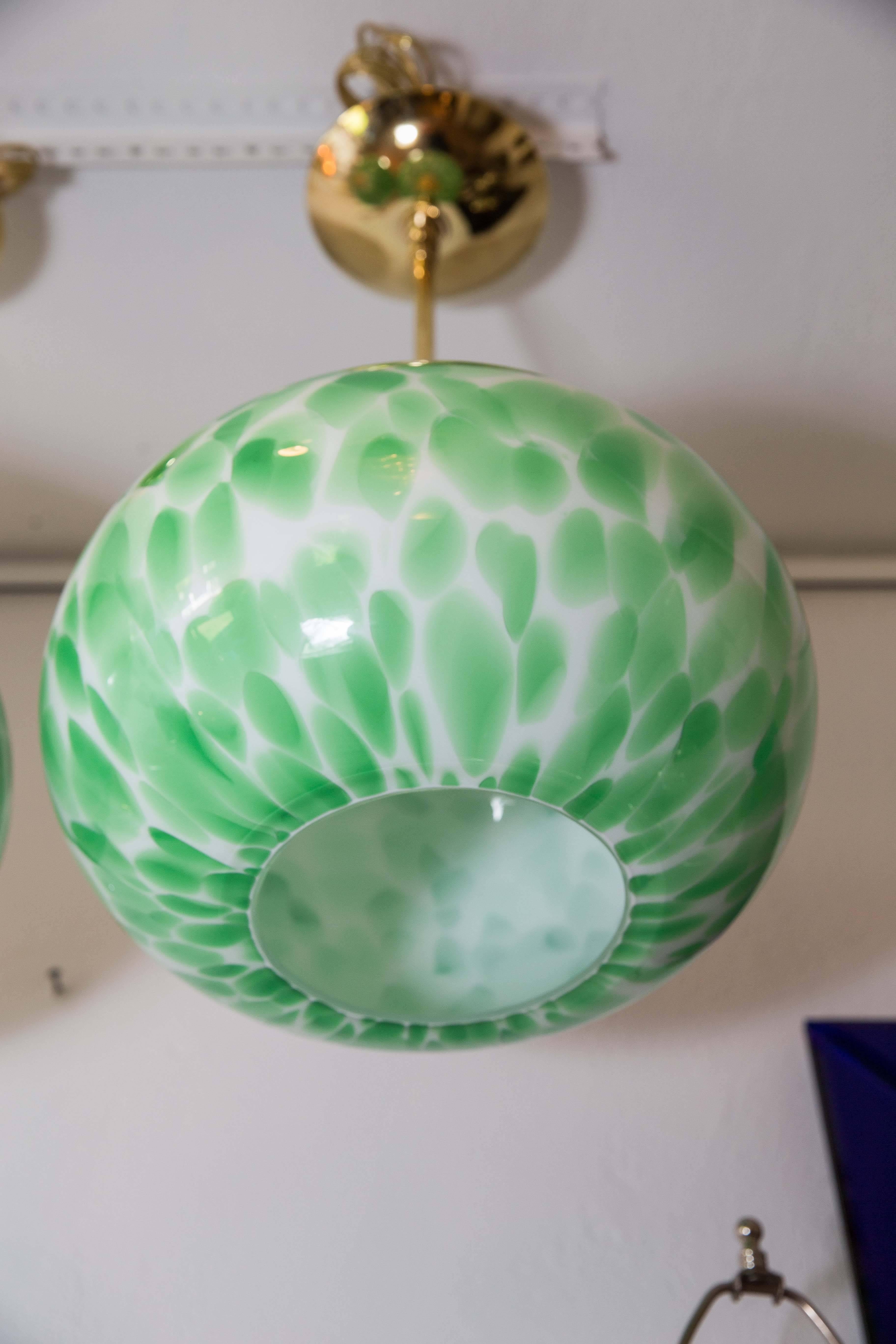 Murano Green and White Opaque Globe Pendant Light Fixture with Brass Detail 3