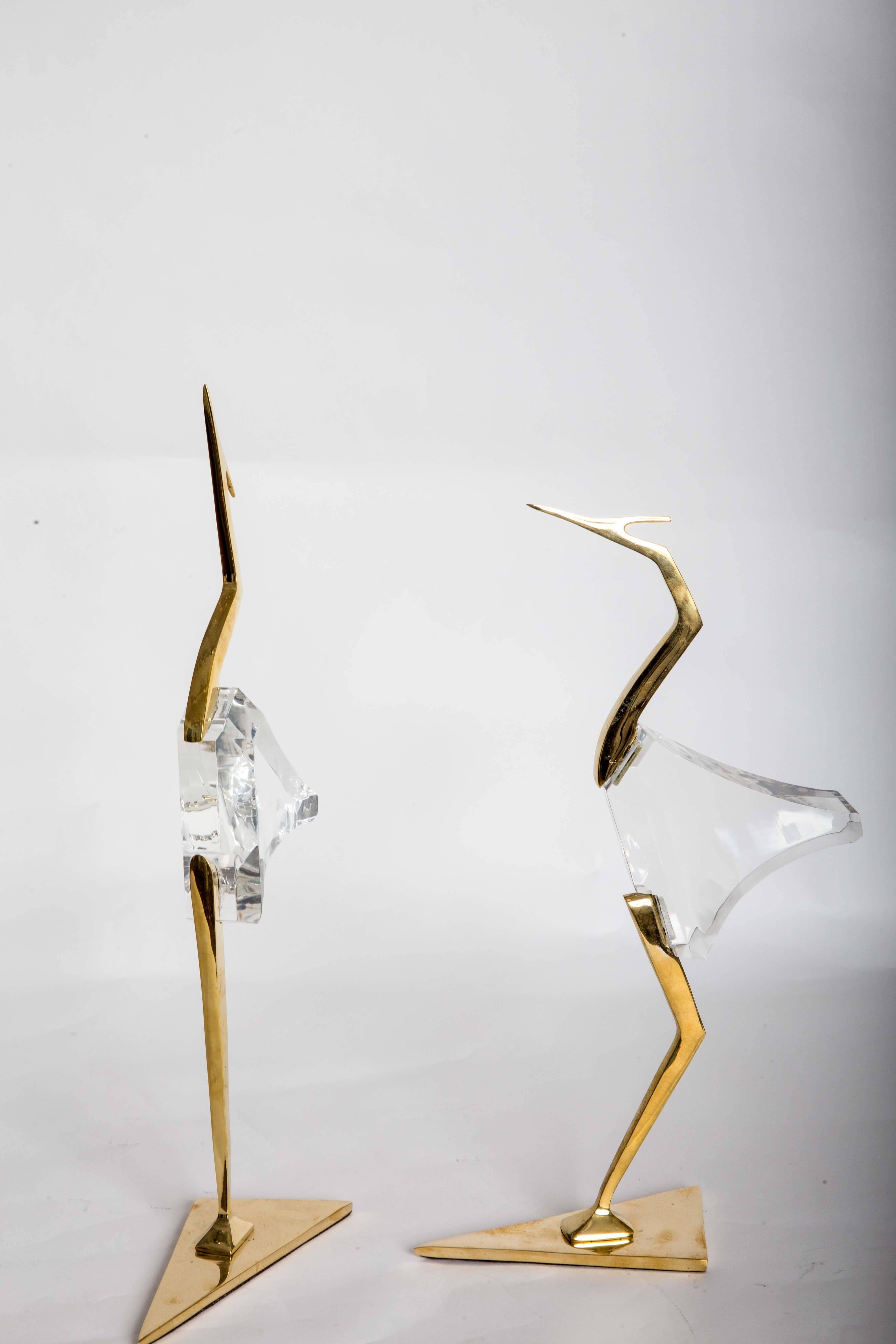 Mid-Century Modern Pair of Stylized Lucite and Brass Crane Sculptures