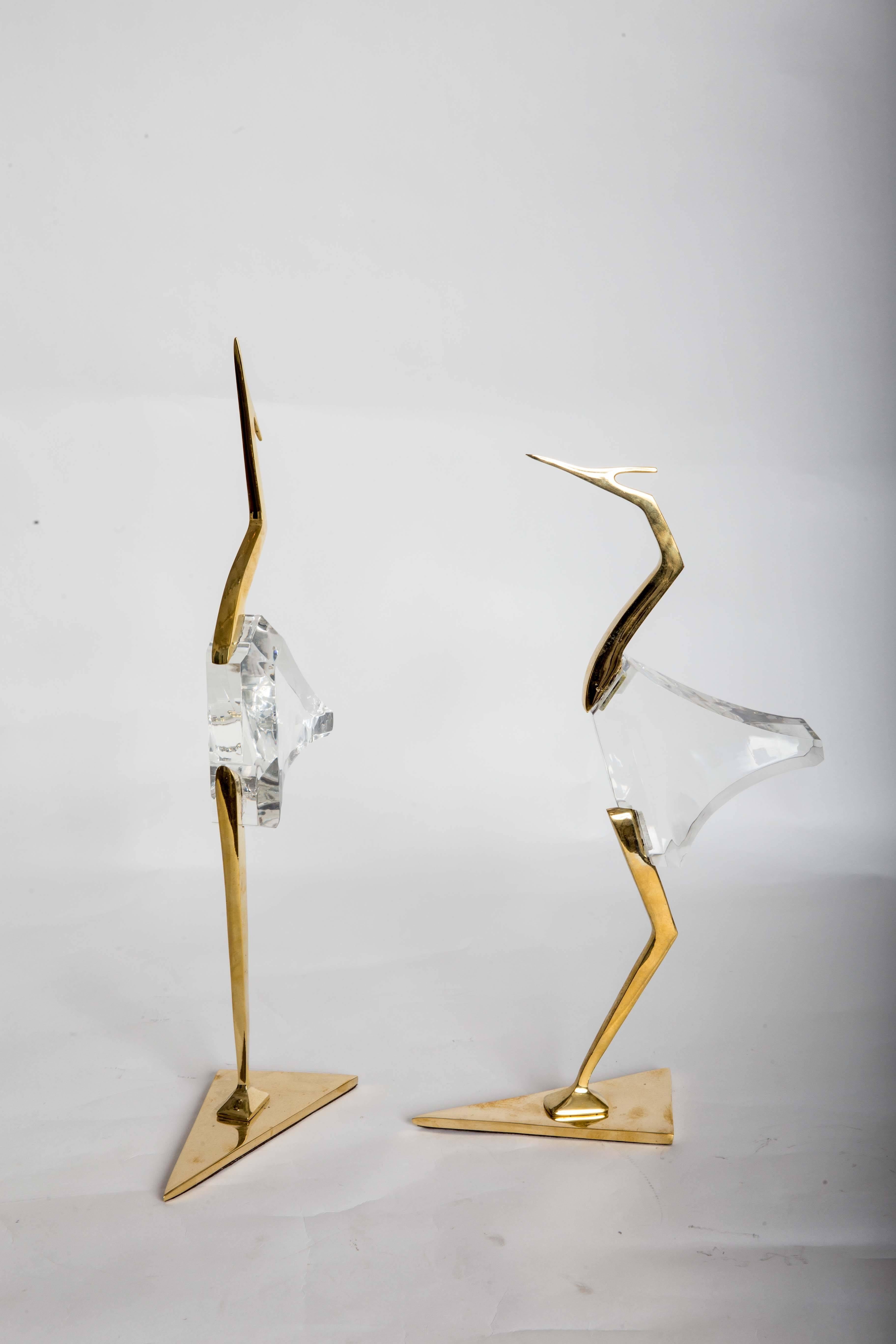 Italian Pair of Stylized Lucite and Brass Crane Sculptures