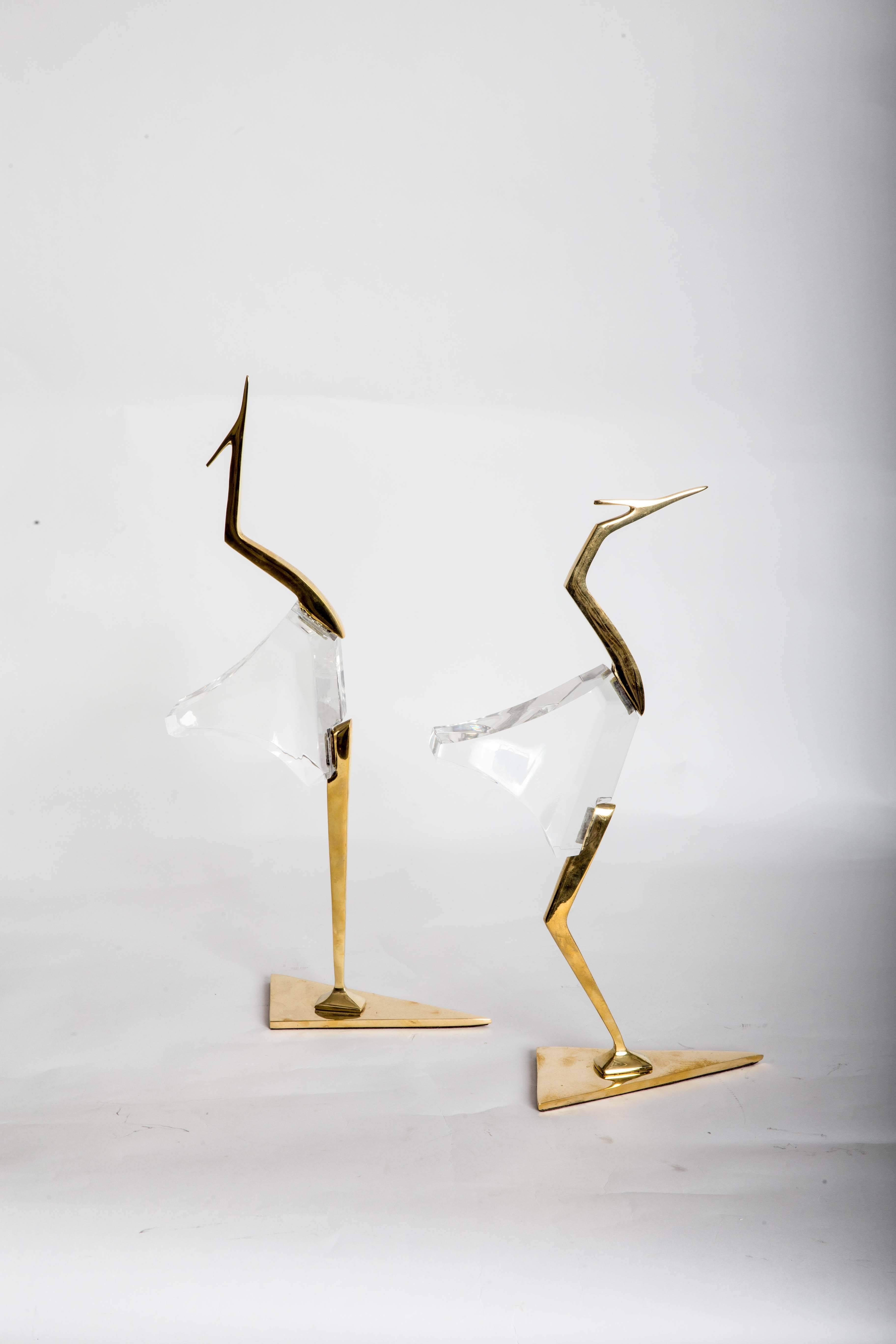 Pair of Stylized Lucite and Brass Crane Sculptures In Excellent Condition In Bridgehampton, NY
