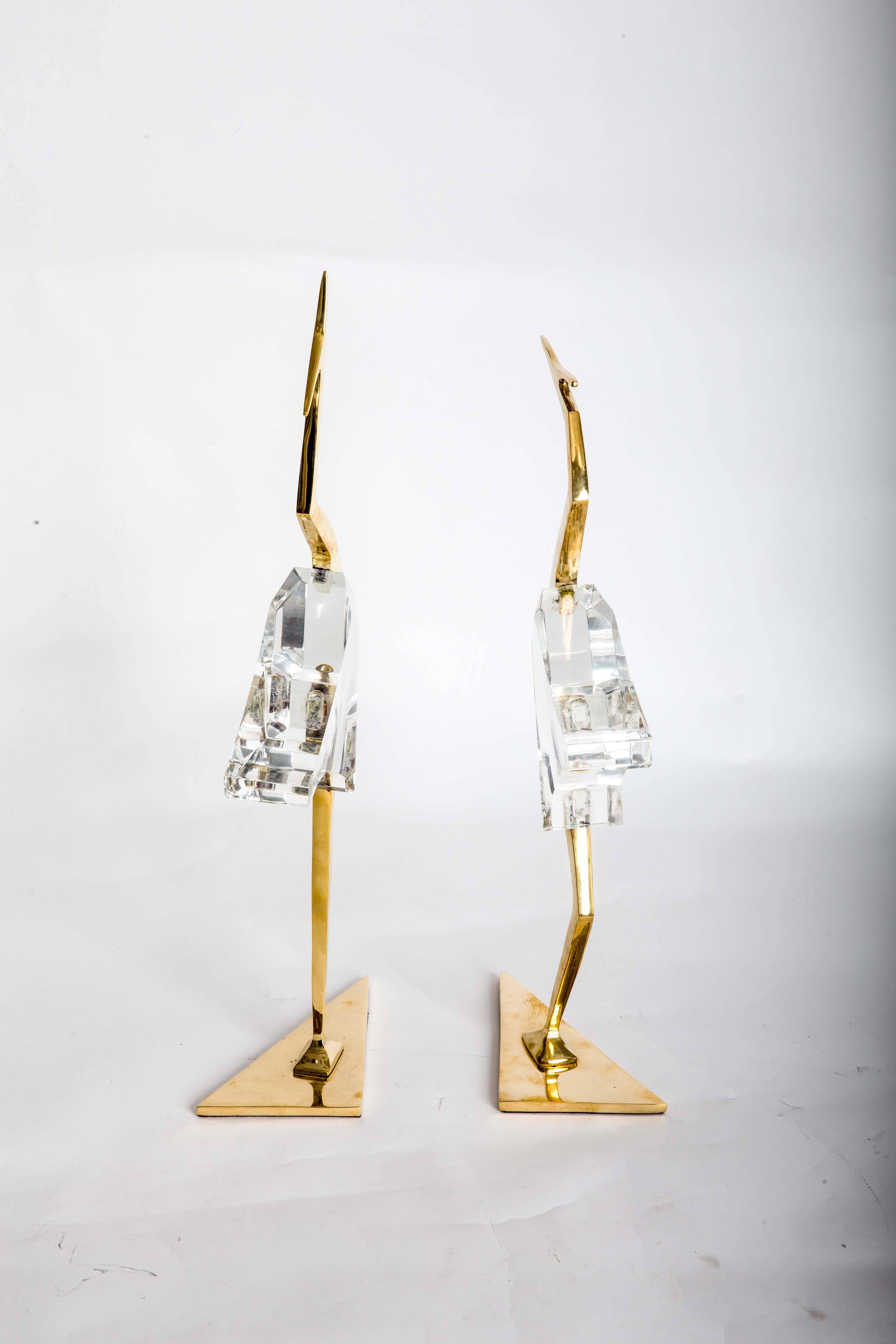 20th Century Pair of Stylized Lucite and Brass Crane Sculptures