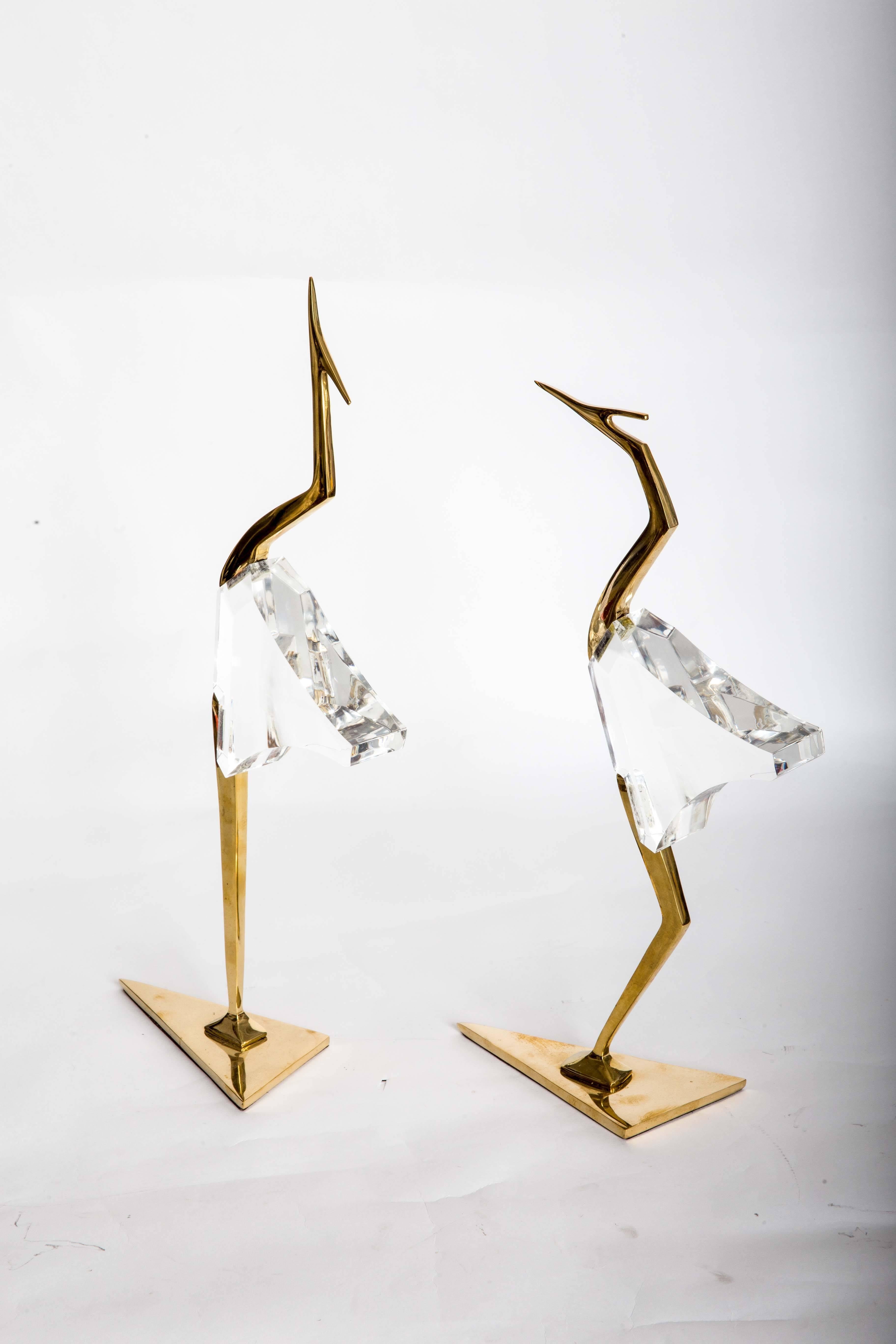 Pair of Stylized Lucite and Brass Crane Sculptures 1