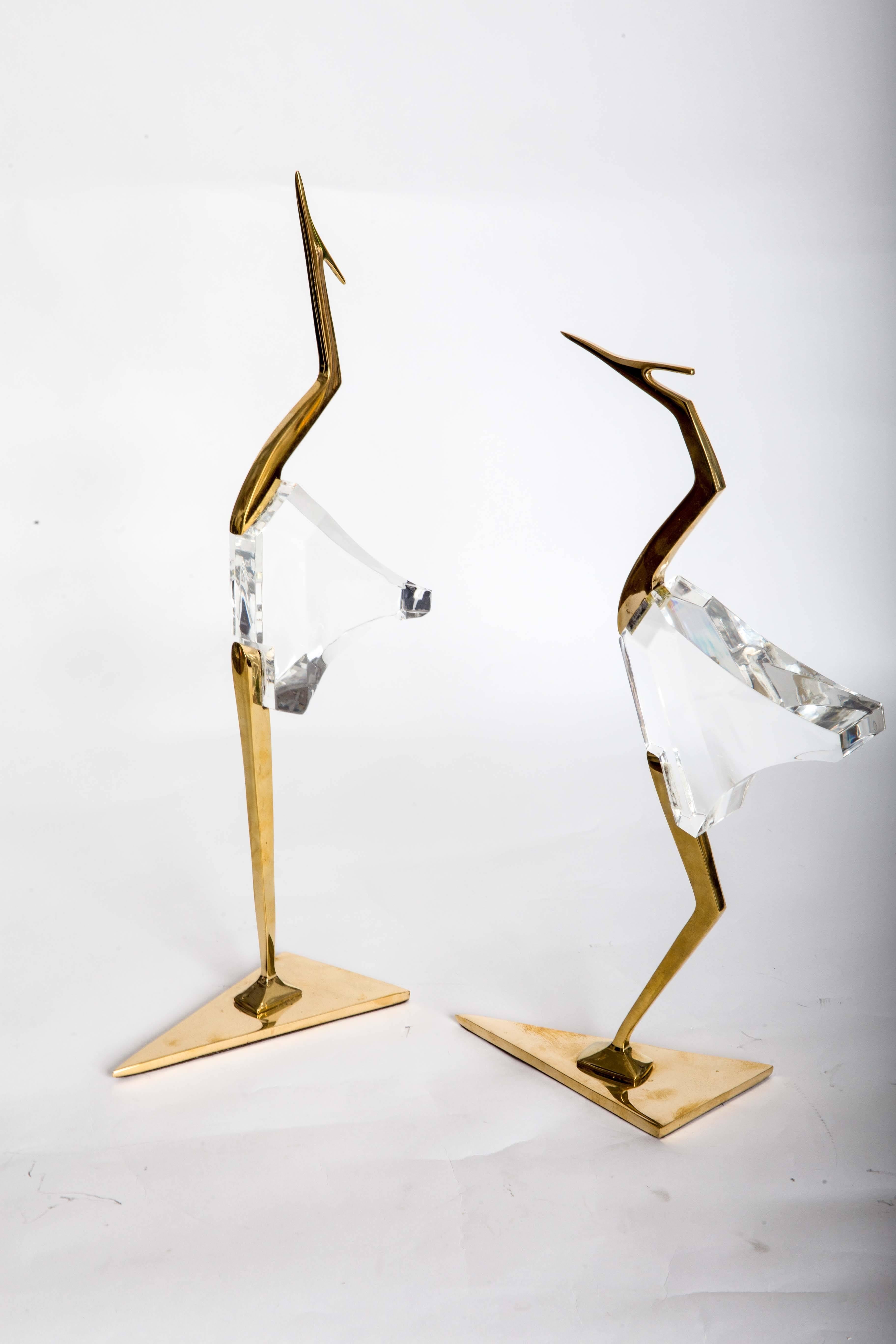 Pair of Stylized Lucite and Brass Crane Sculptures 2