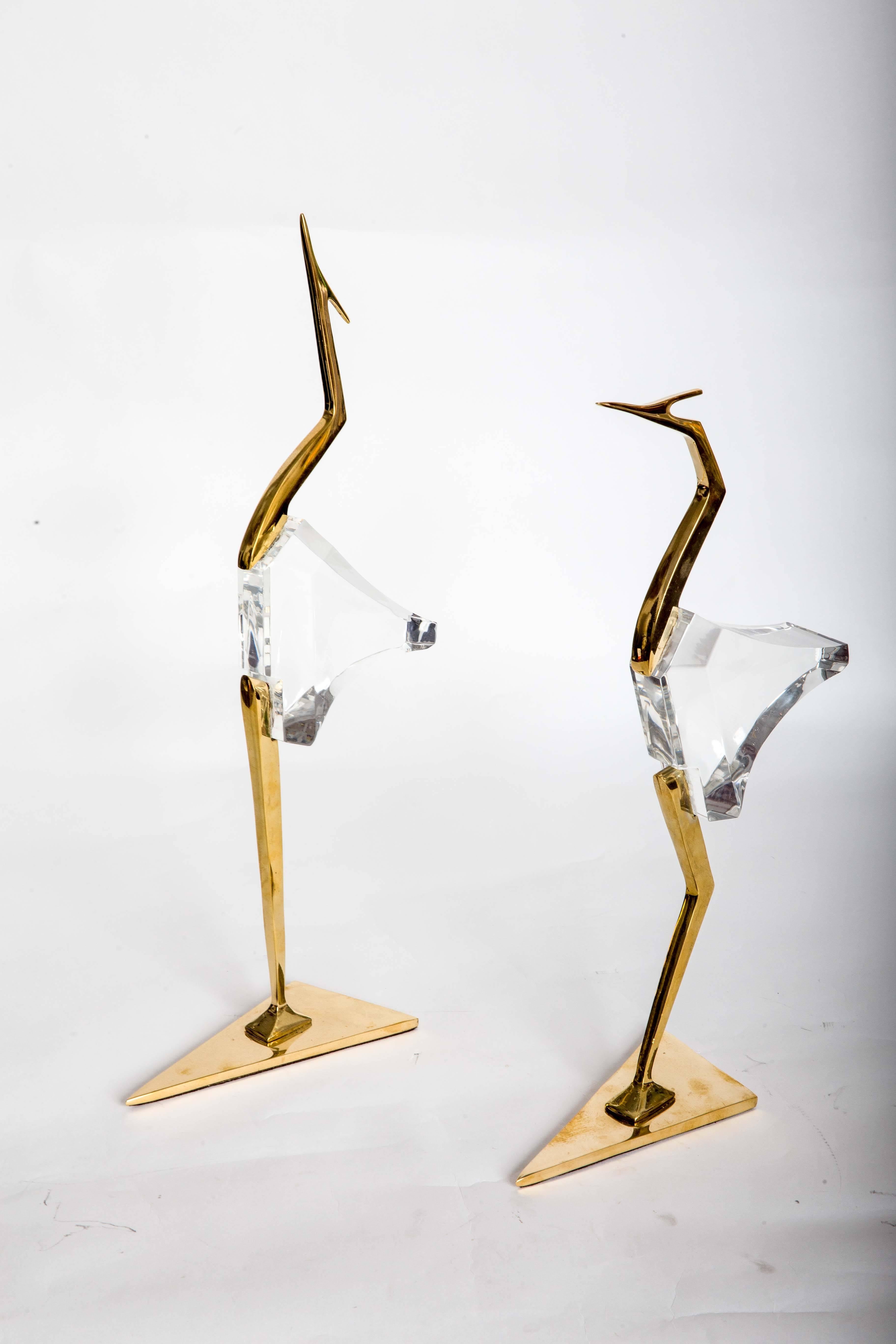 Pair of Stylized Lucite and Brass Crane Sculptures 3