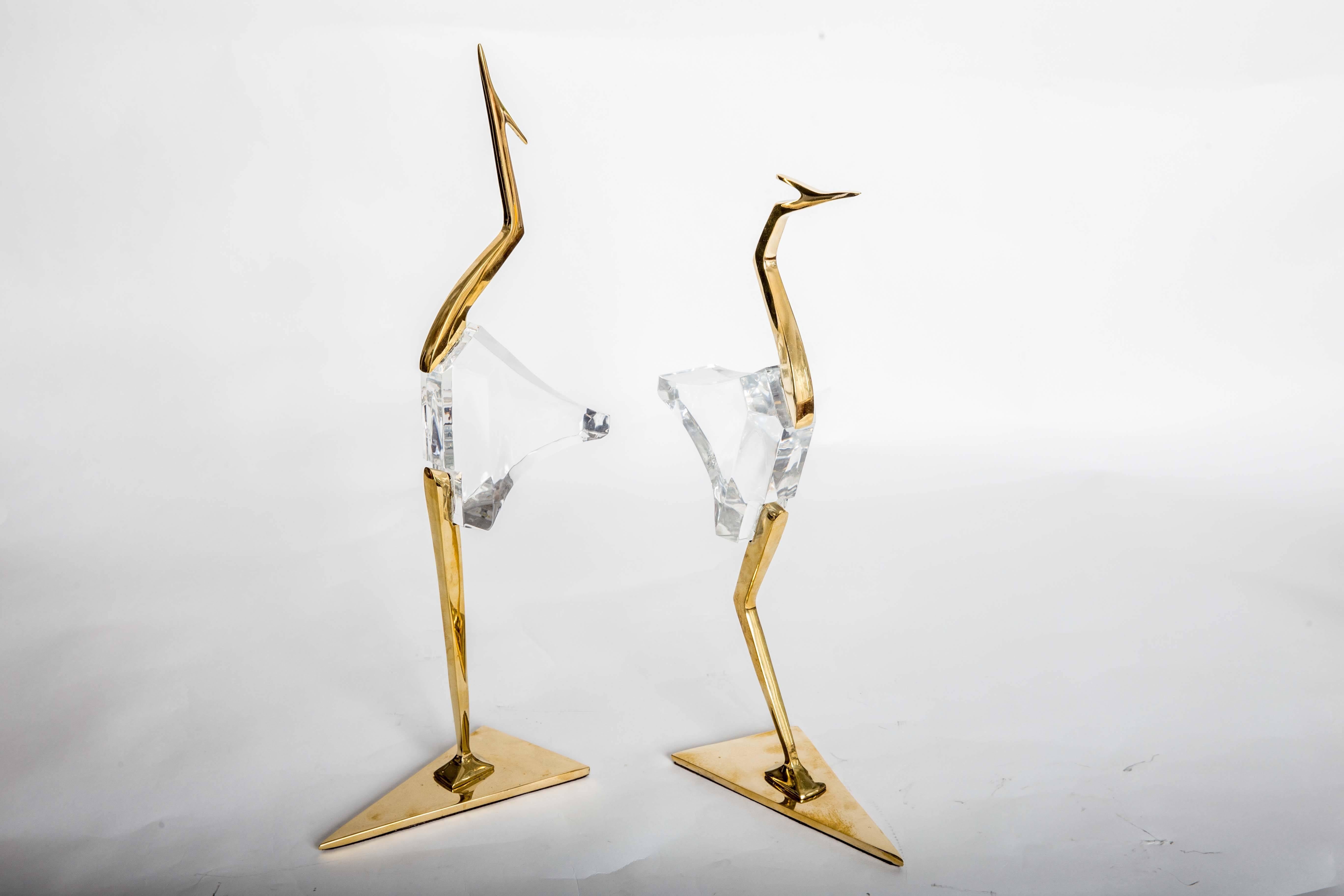 Pair of Stylized Lucite and Brass Crane Sculptures 4