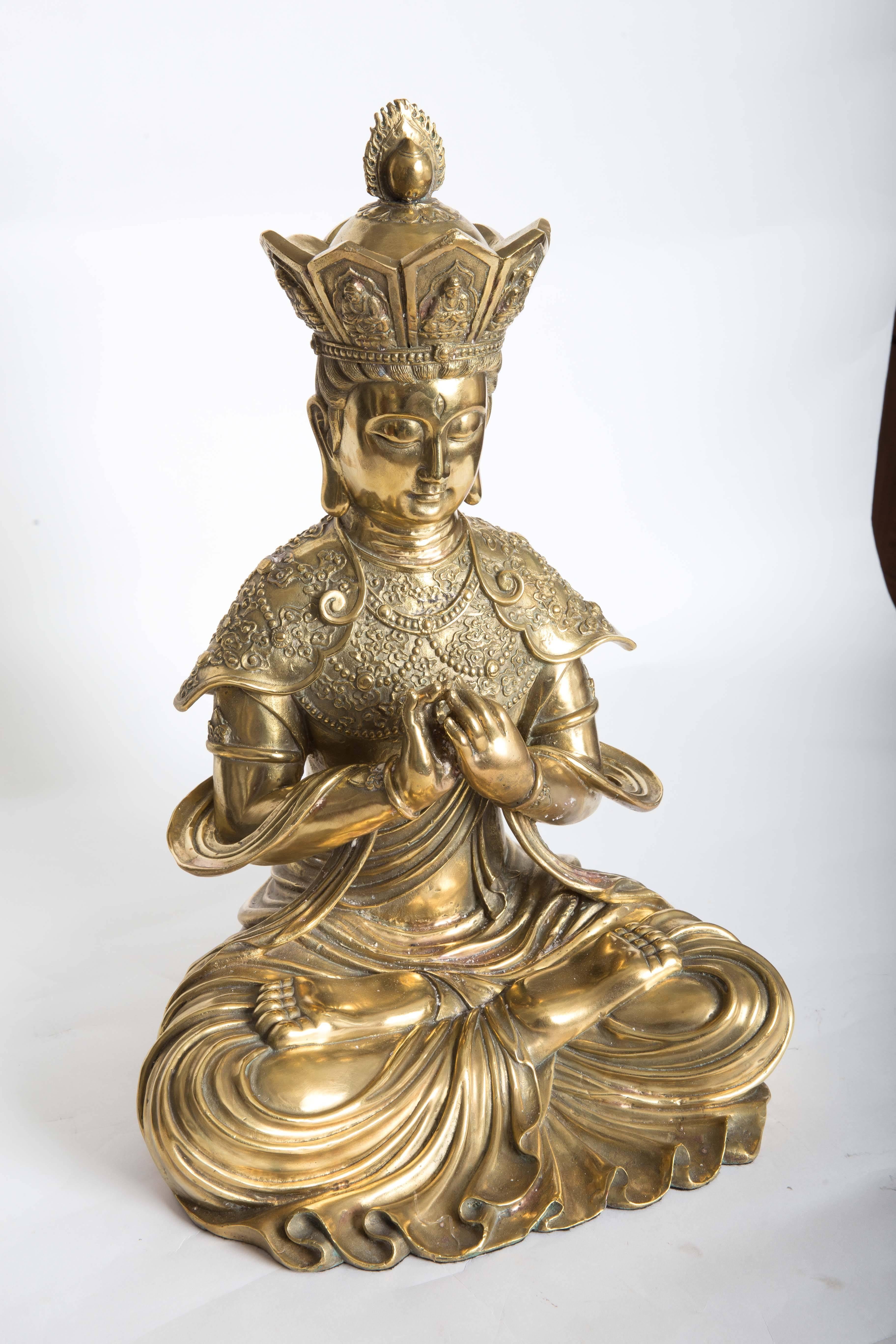 Chinese Export Intricately Etched Bronze Sculpture of a Seated Diety Figure