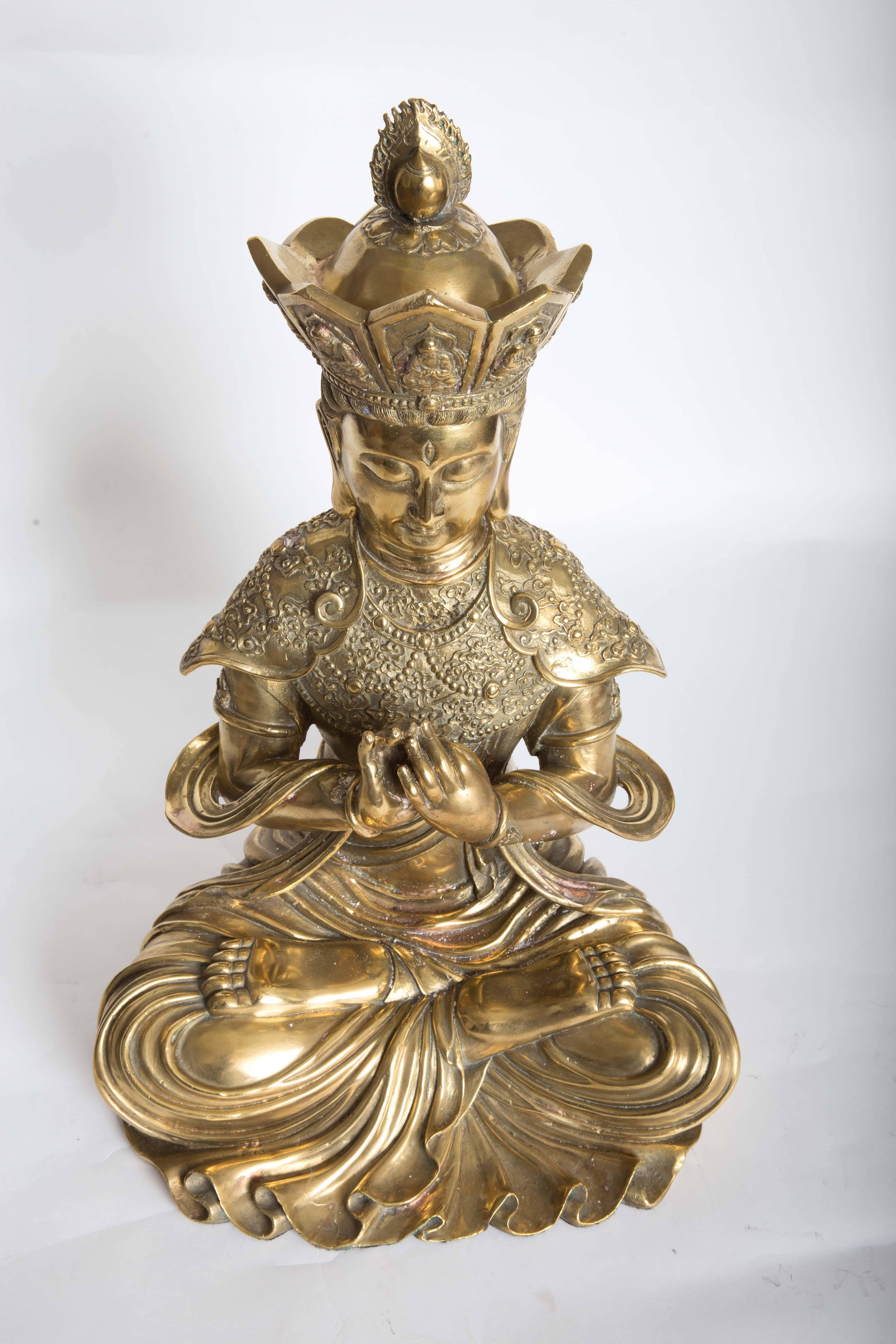 Chinese Intricately Etched Bronze Sculpture of a Seated Diety Figure