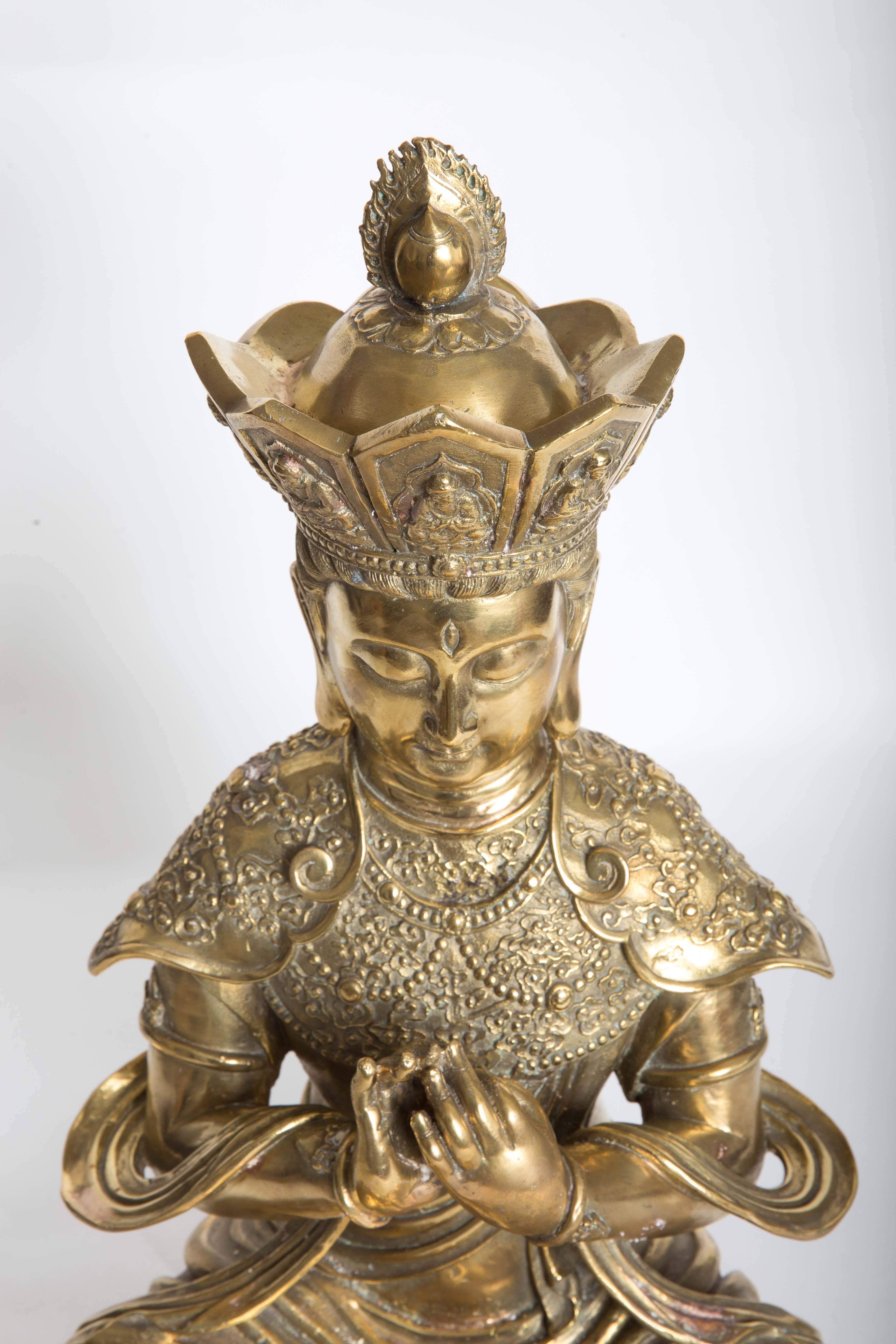 Intricately Etched Bronze Sculpture of a Seated Diety Figure In Excellent Condition In Bridgehampton, NY