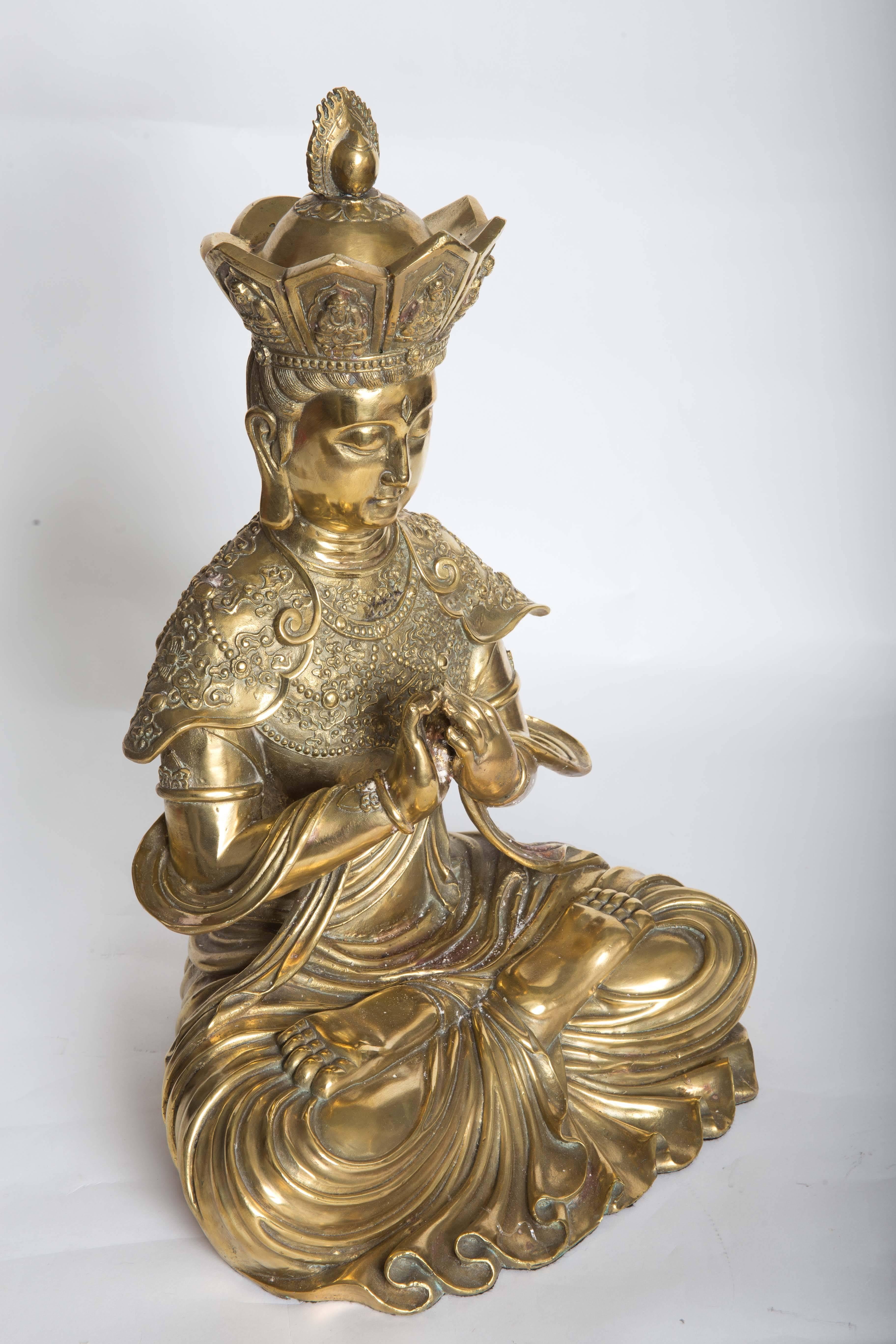 Intricately Etched Bronze Sculpture of a Seated Diety Figure 3