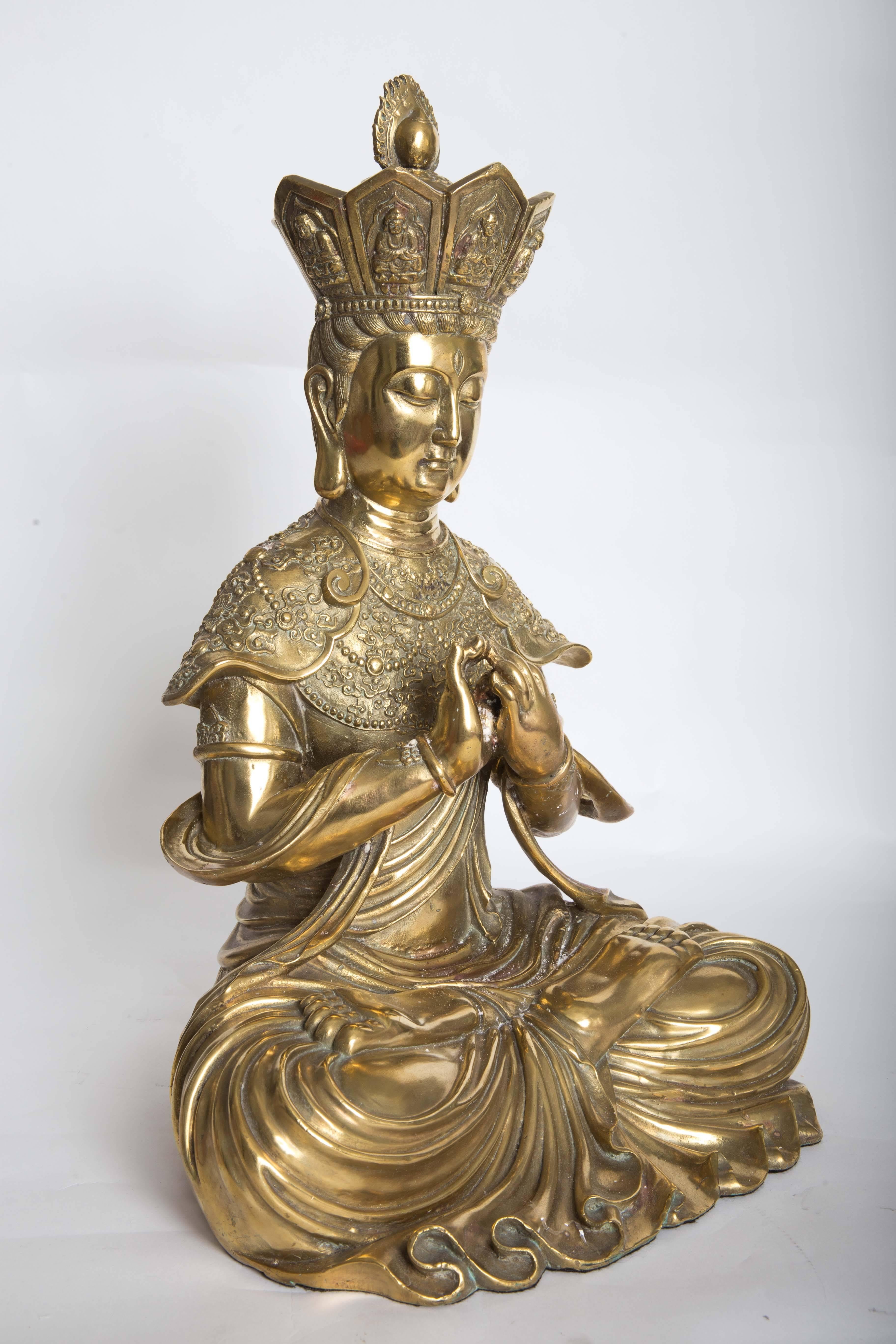 Intricately Etched Bronze Sculpture of a Seated Diety Figure 4