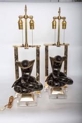 Pair of Enameled Brass Cobra Table Lamps on Lucite Bases by Tony Duquette