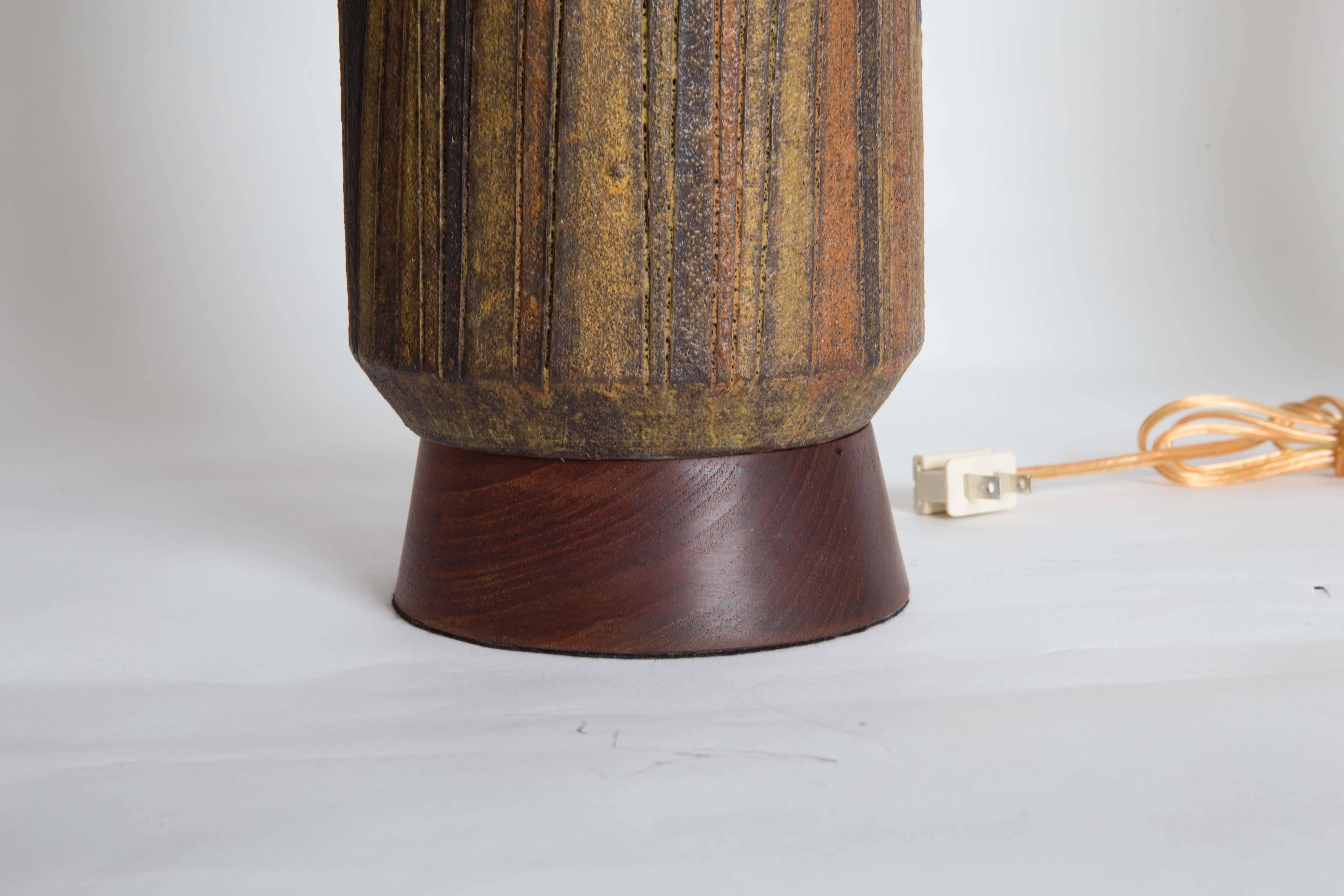 20th Century Pair of Columnar Multicolored Ceramic and Wood Lamps by Raymor