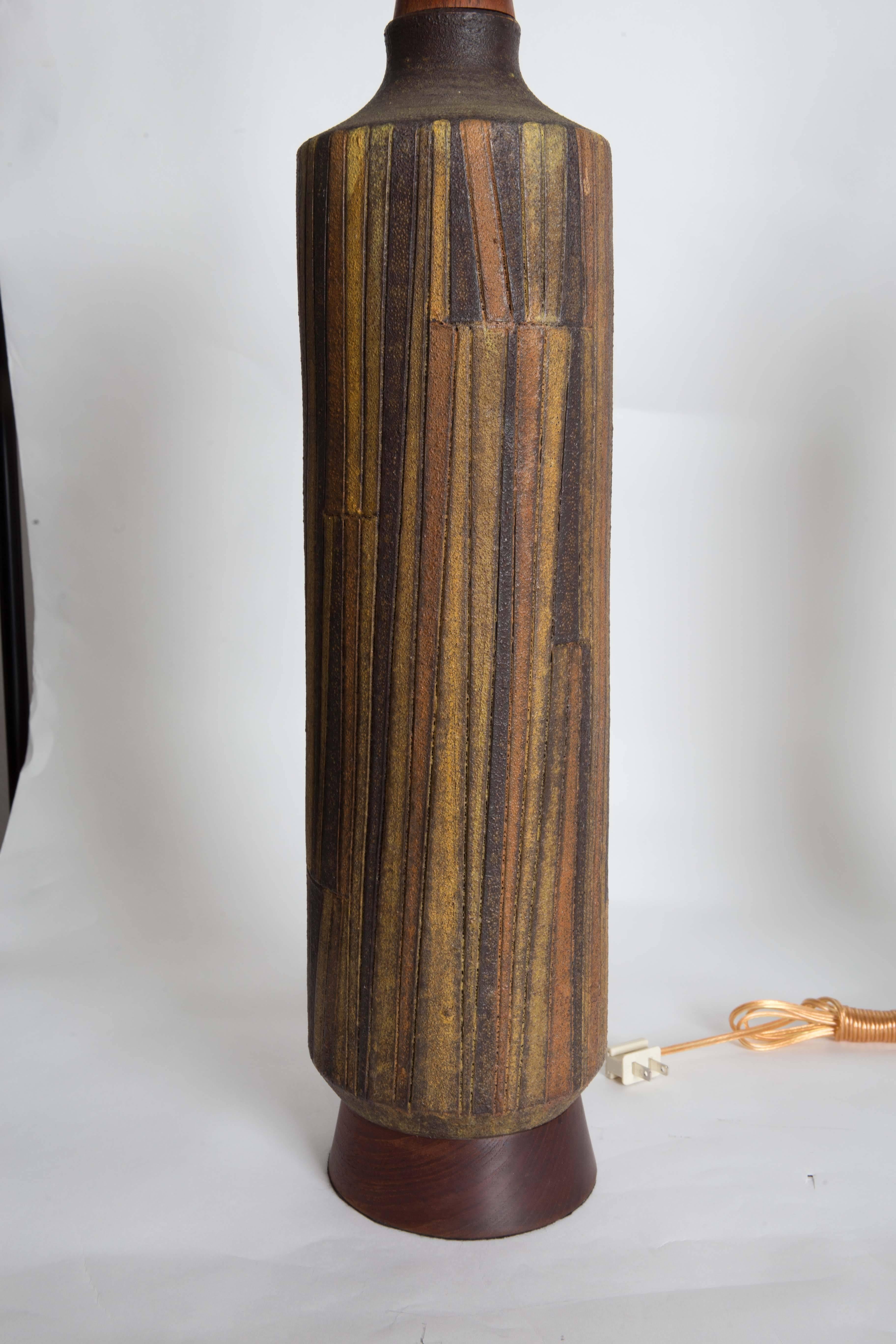 Pair of Columnar Multicolored Ceramic and Wood Lamps by Raymor 1