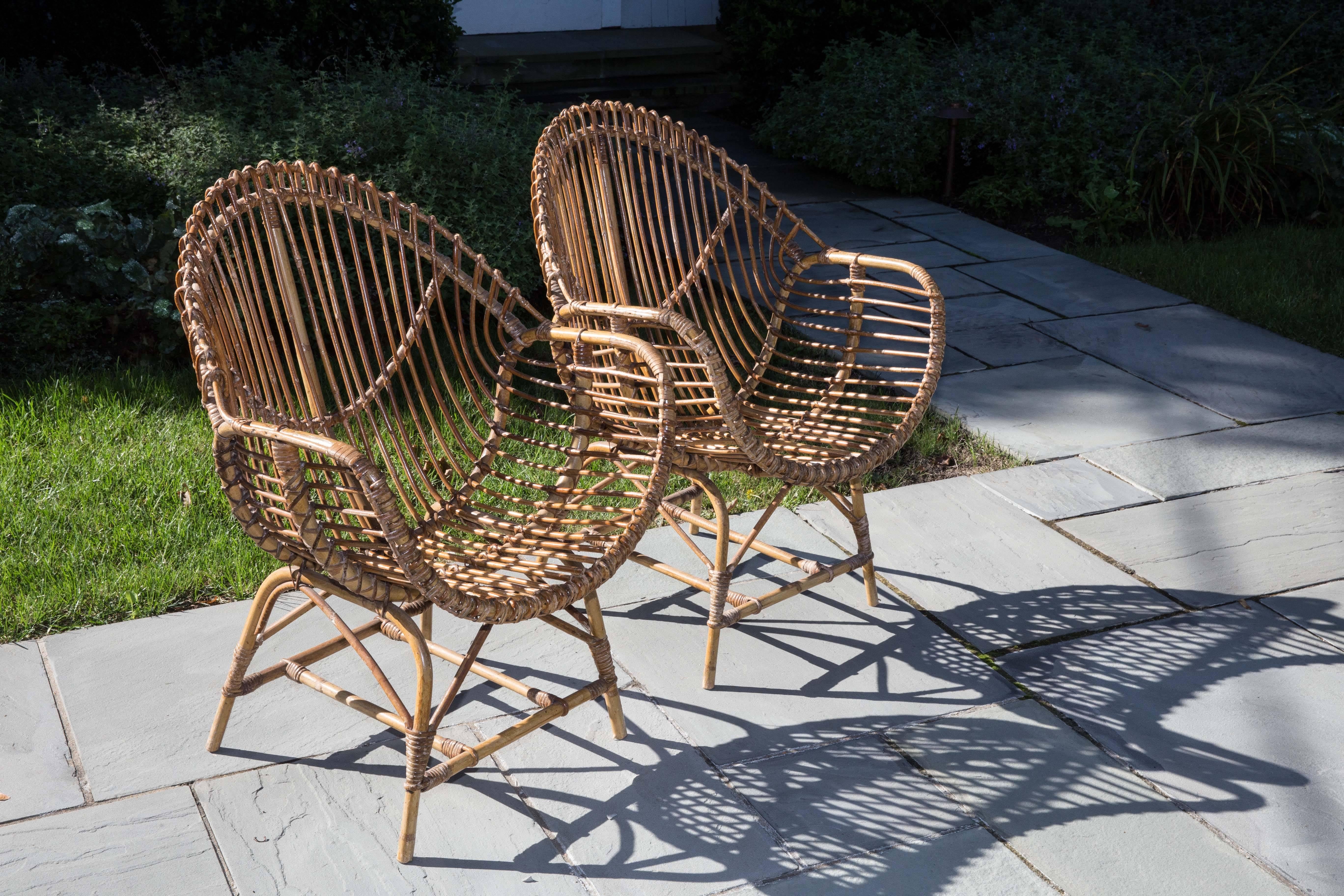 Mid-Century Modern Pair of Rattan Armchairs For Sale