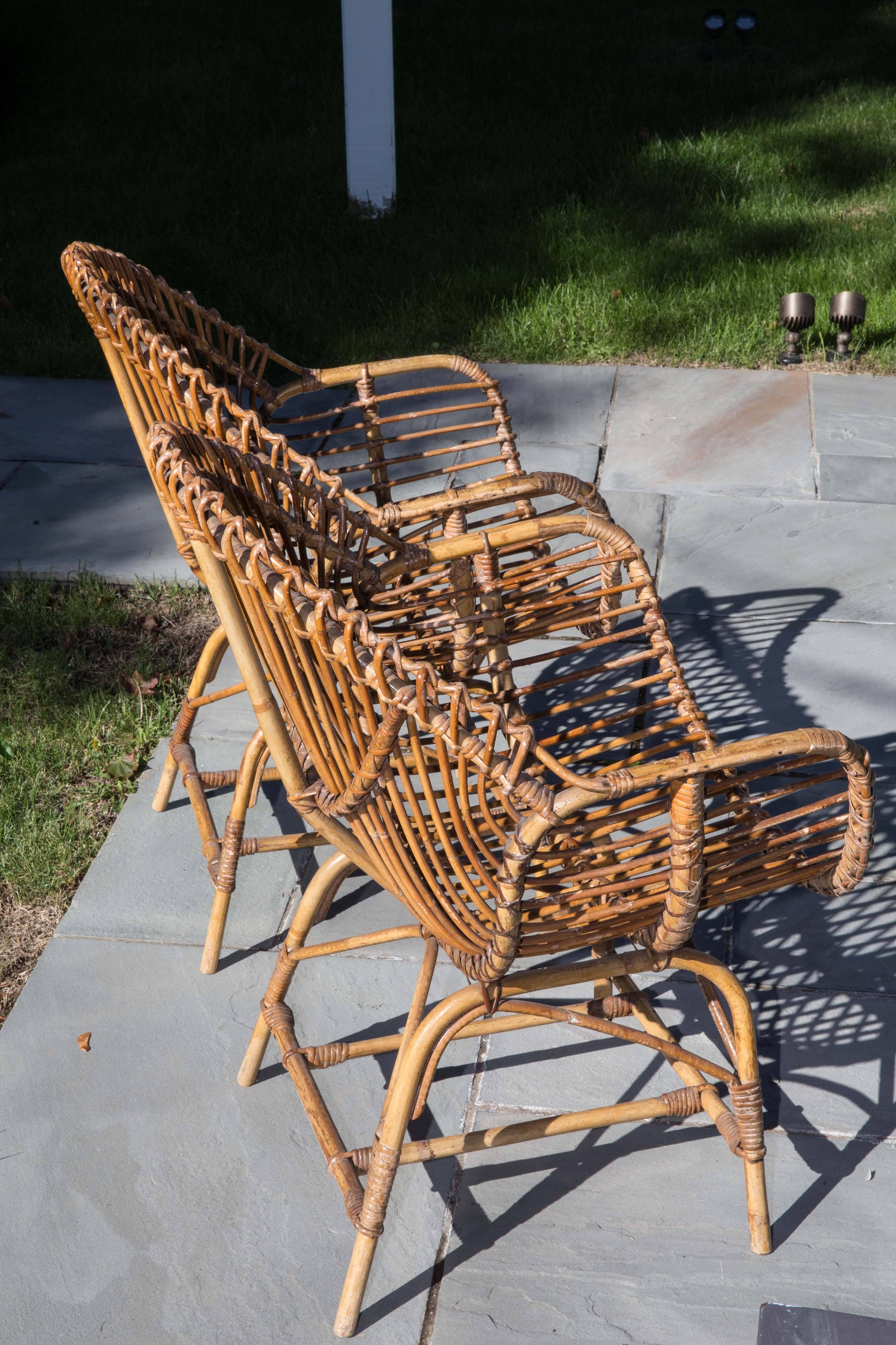 Italian Pair of Rattan Armchairs For Sale