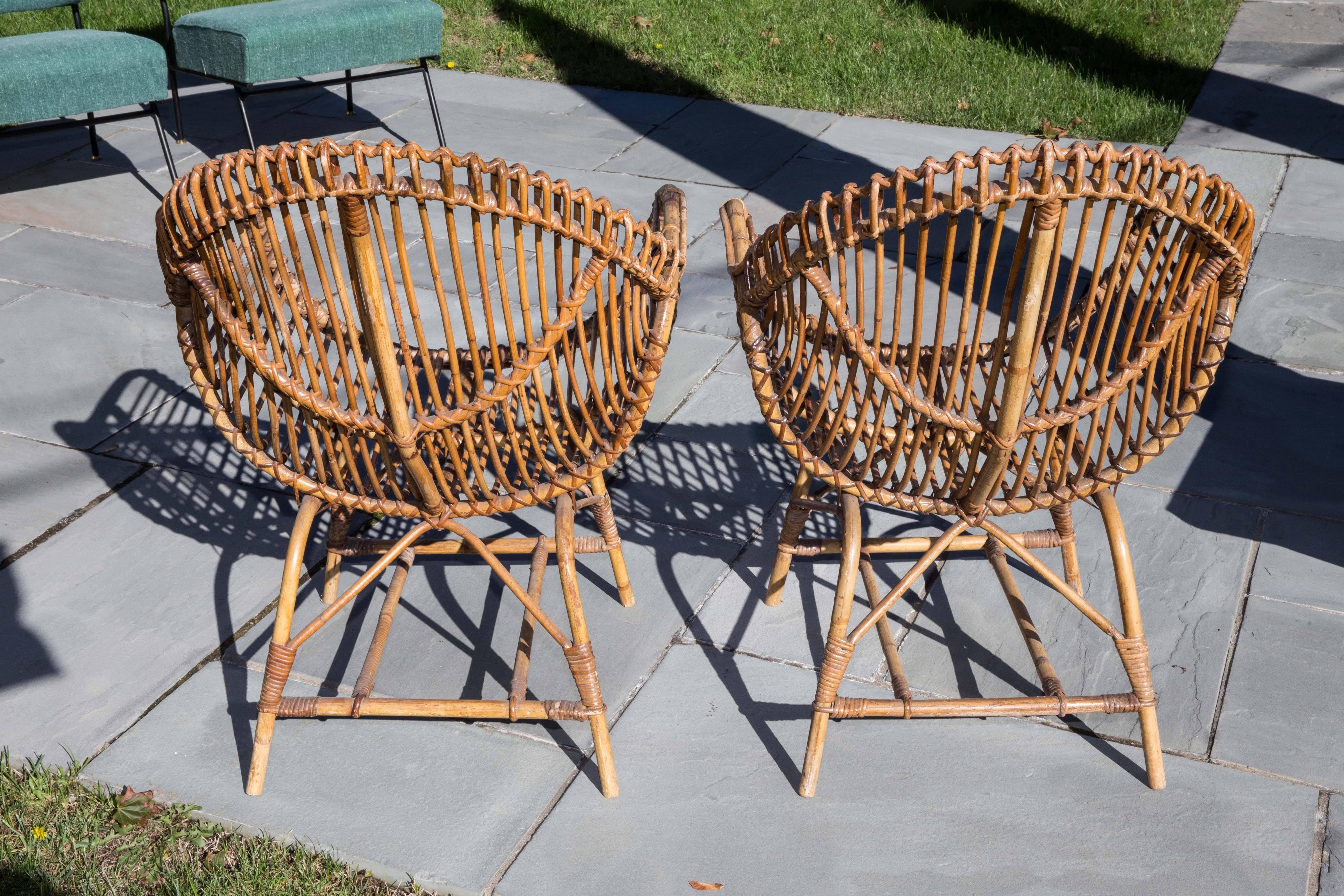 Hand-Woven Pair of Rattan Armchairs For Sale