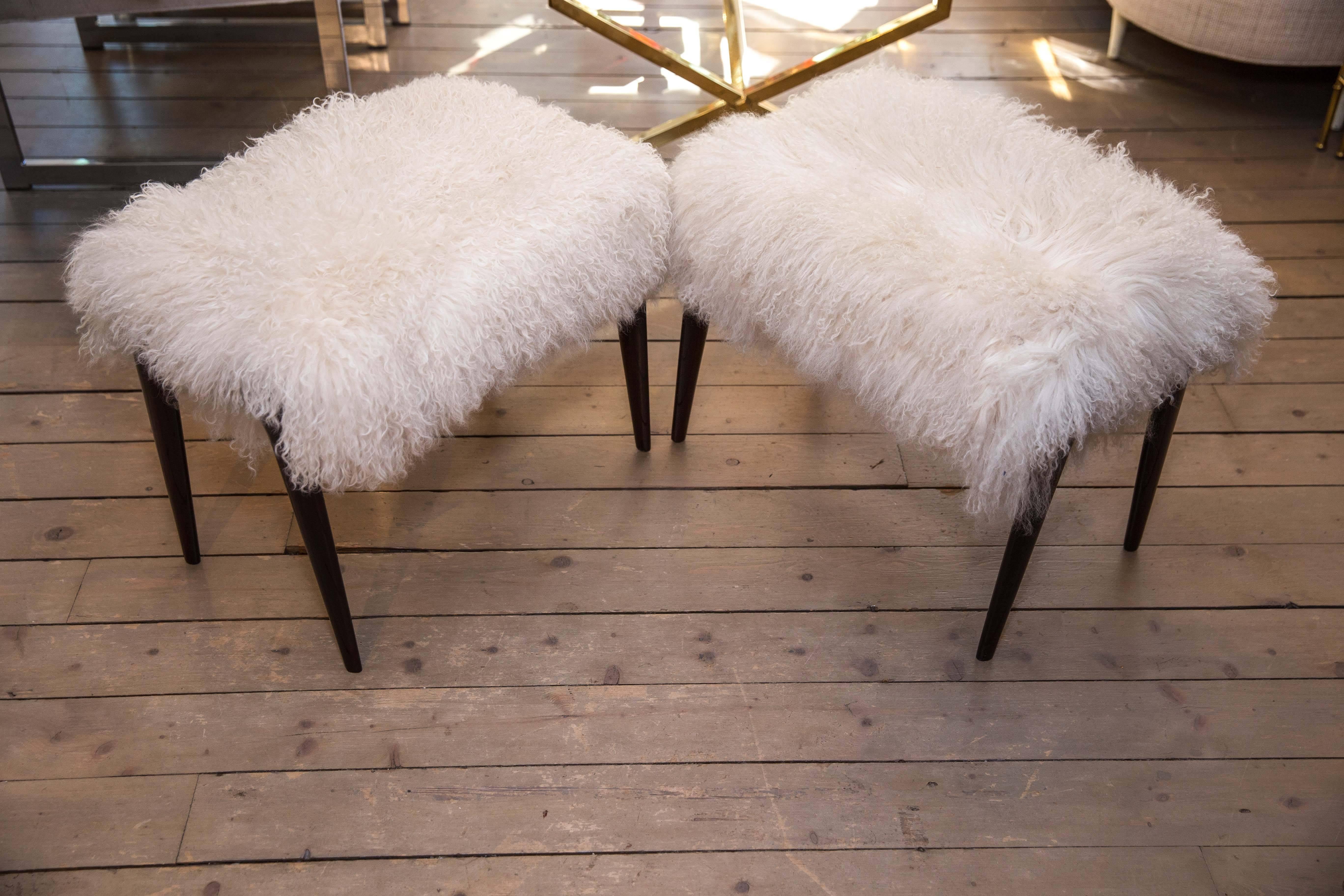 20th Century Pair of Ebonized Wood Benches with Shearling Upholstered Seats by Ico Parisi