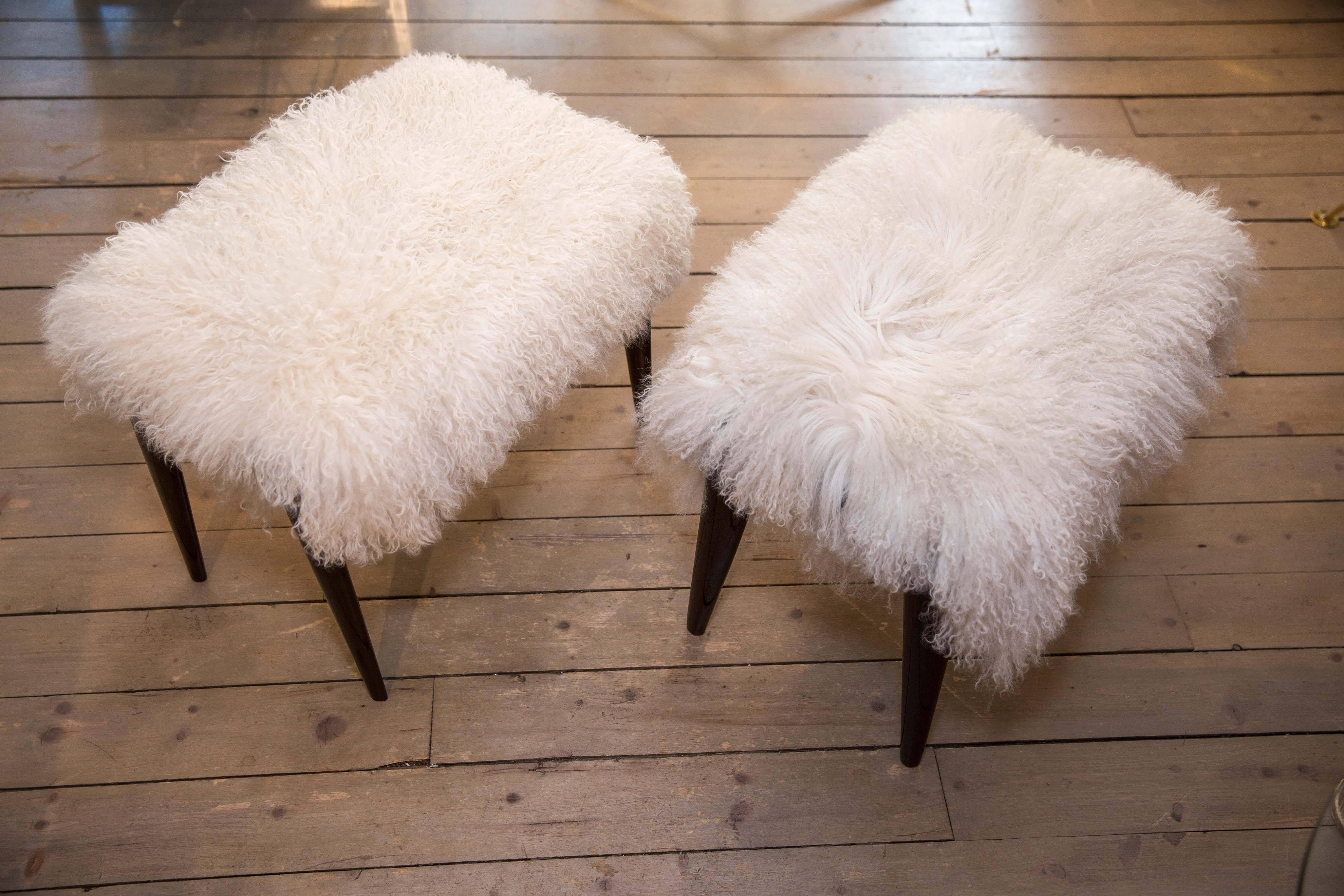 Pair of Ebonized Wood Benches with Shearling Upholstered Seats by Ico Parisi 1