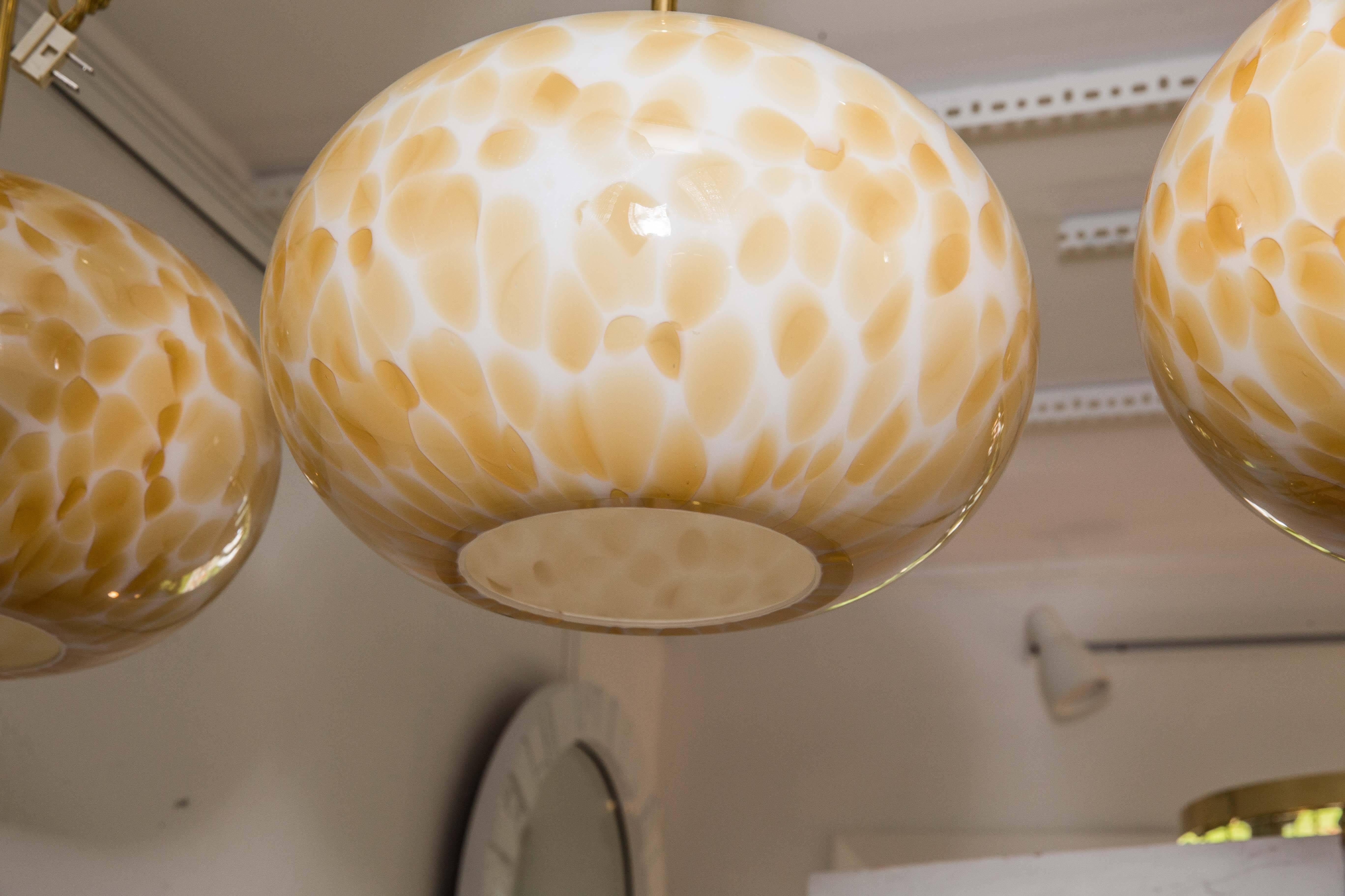 Mid-Century Modern Murano Gold and White Opaque Globe Pendant with Brass Detail