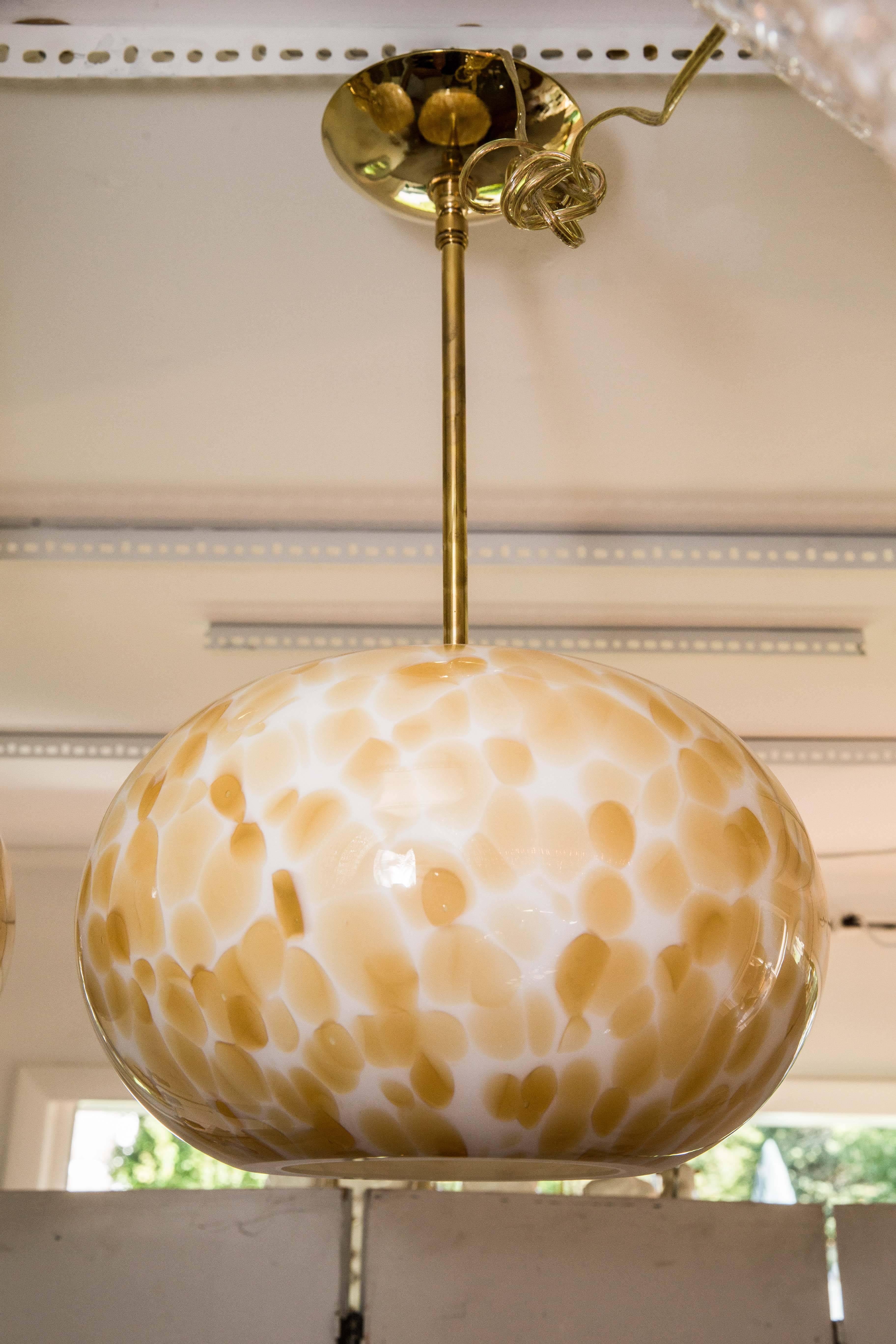 Murano Gold and White Opaque Globe Pendant with Brass Detail 4