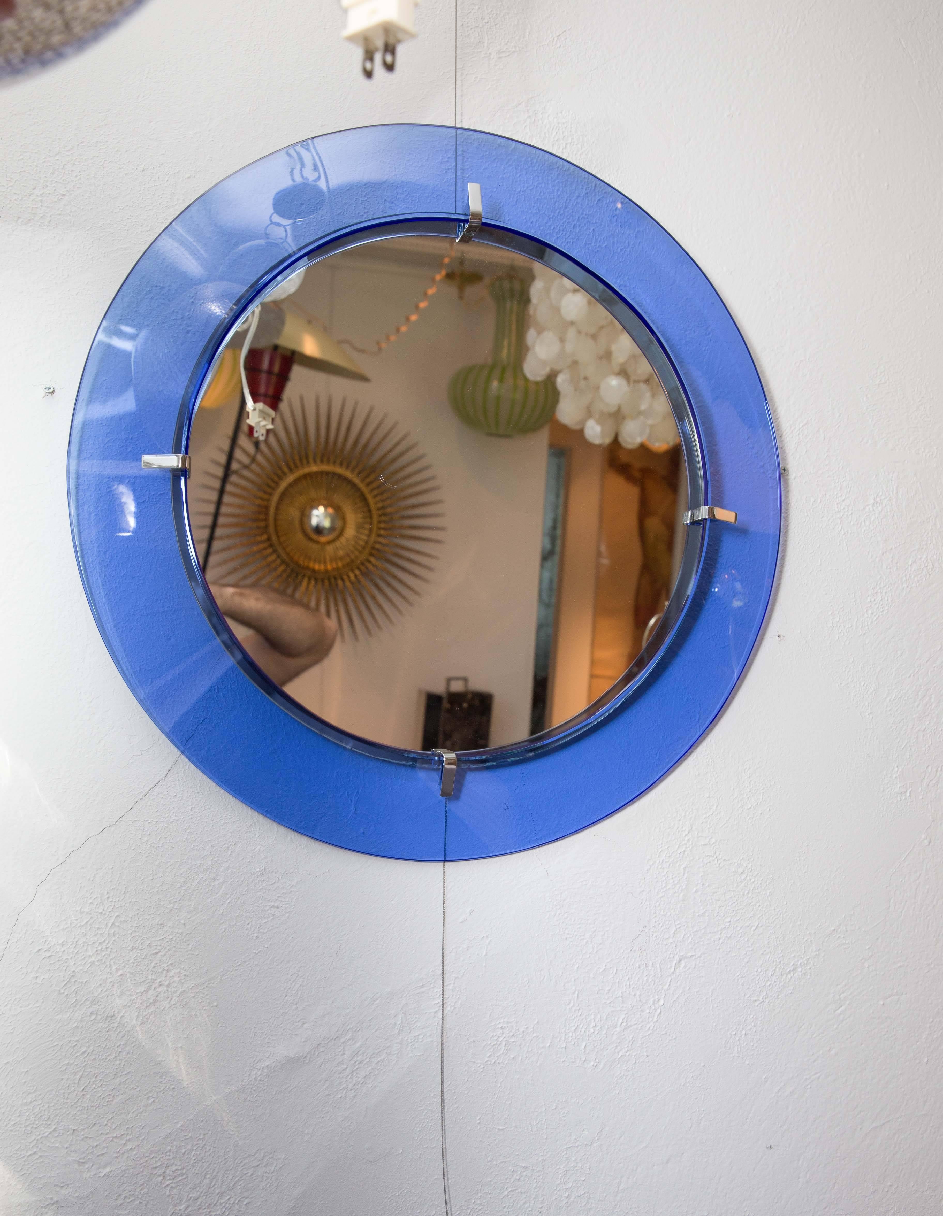 Mid-Century Modern Circular Mirror with Floating Blue Glass Surround with Chrome Detail