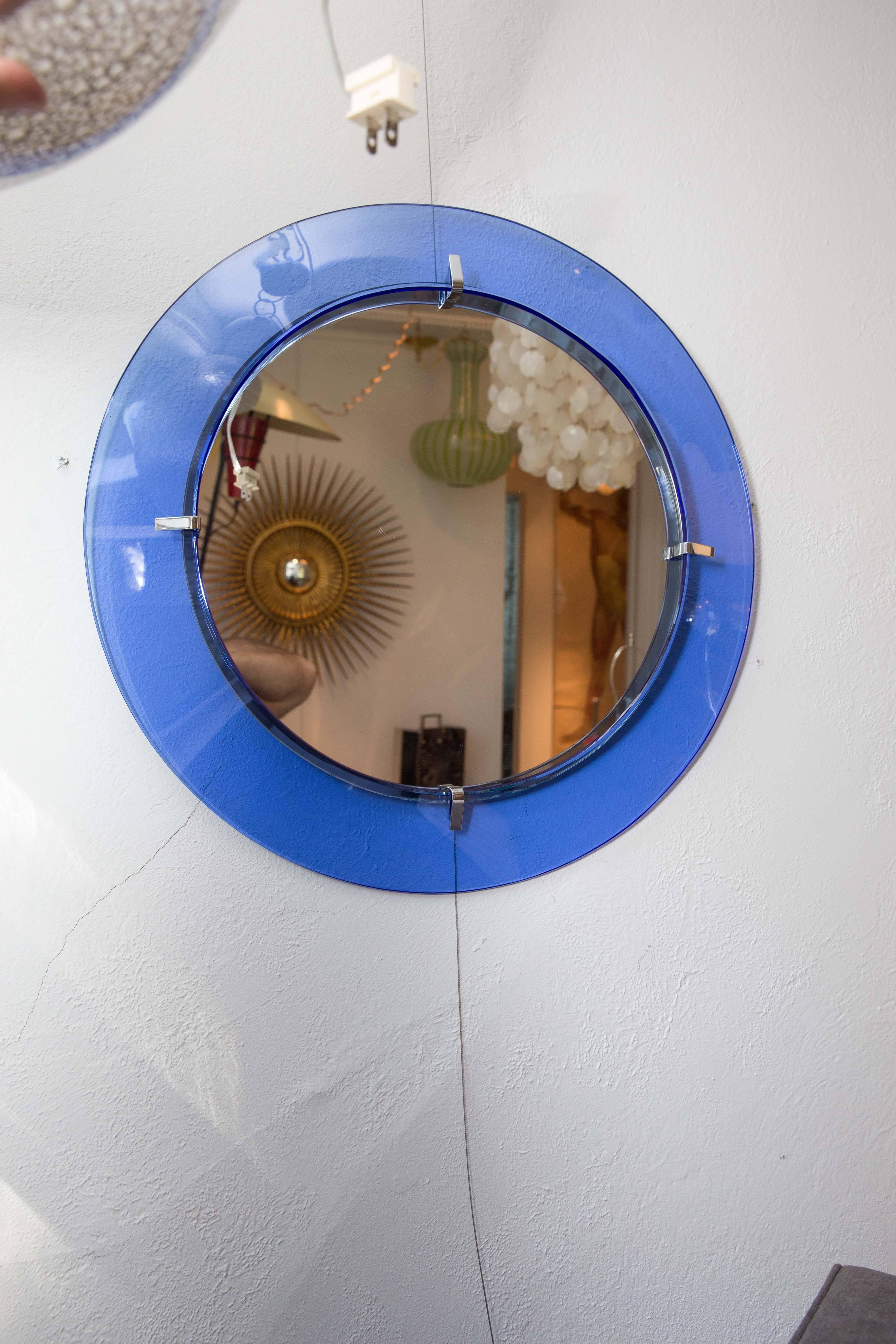 Italian Circular Mirror with Floating Blue Glass Surround with Chrome Detail