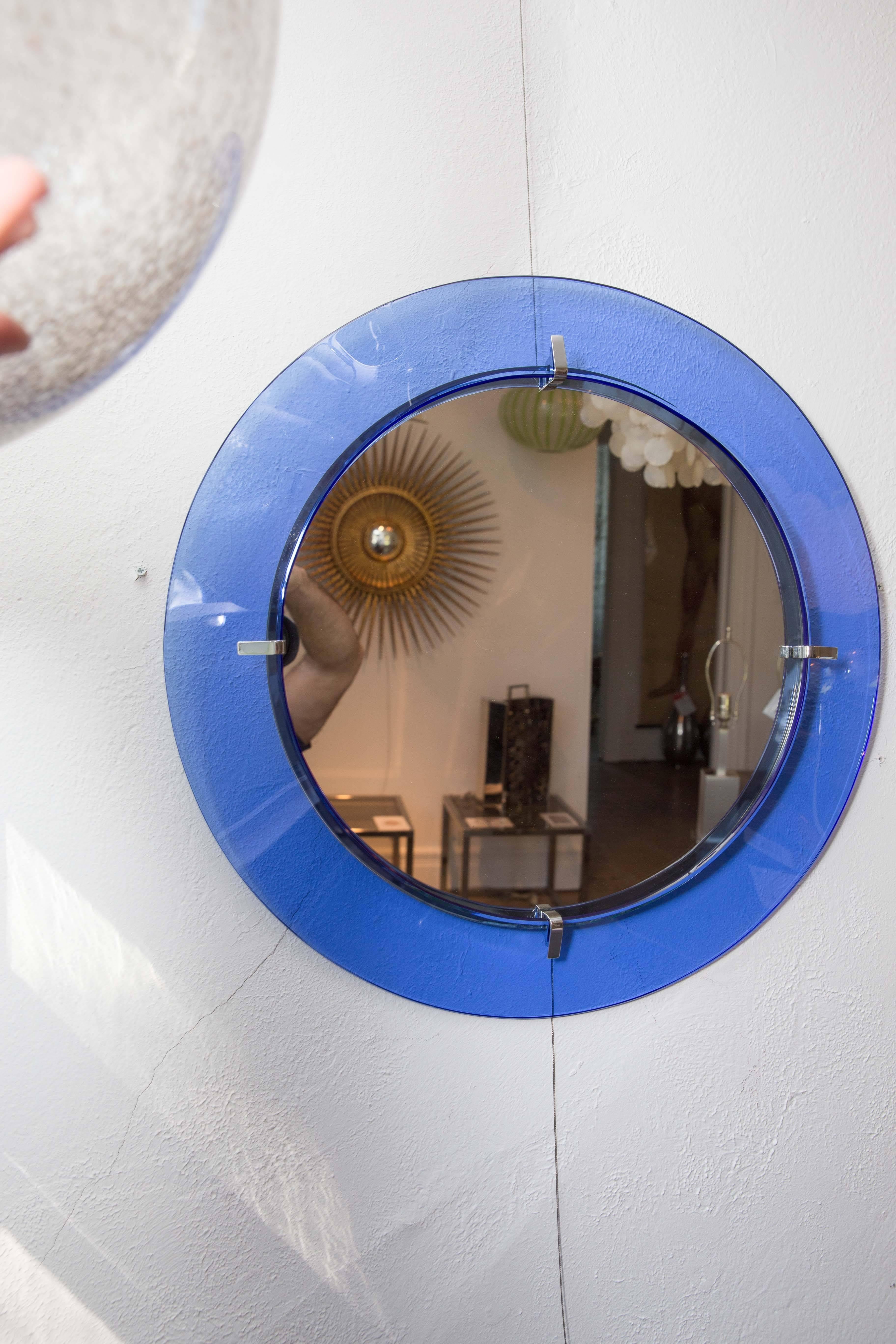 Circular Mirror with Floating Blue Glass Surround with Chrome Detail In Excellent Condition In Bridgehampton, NY