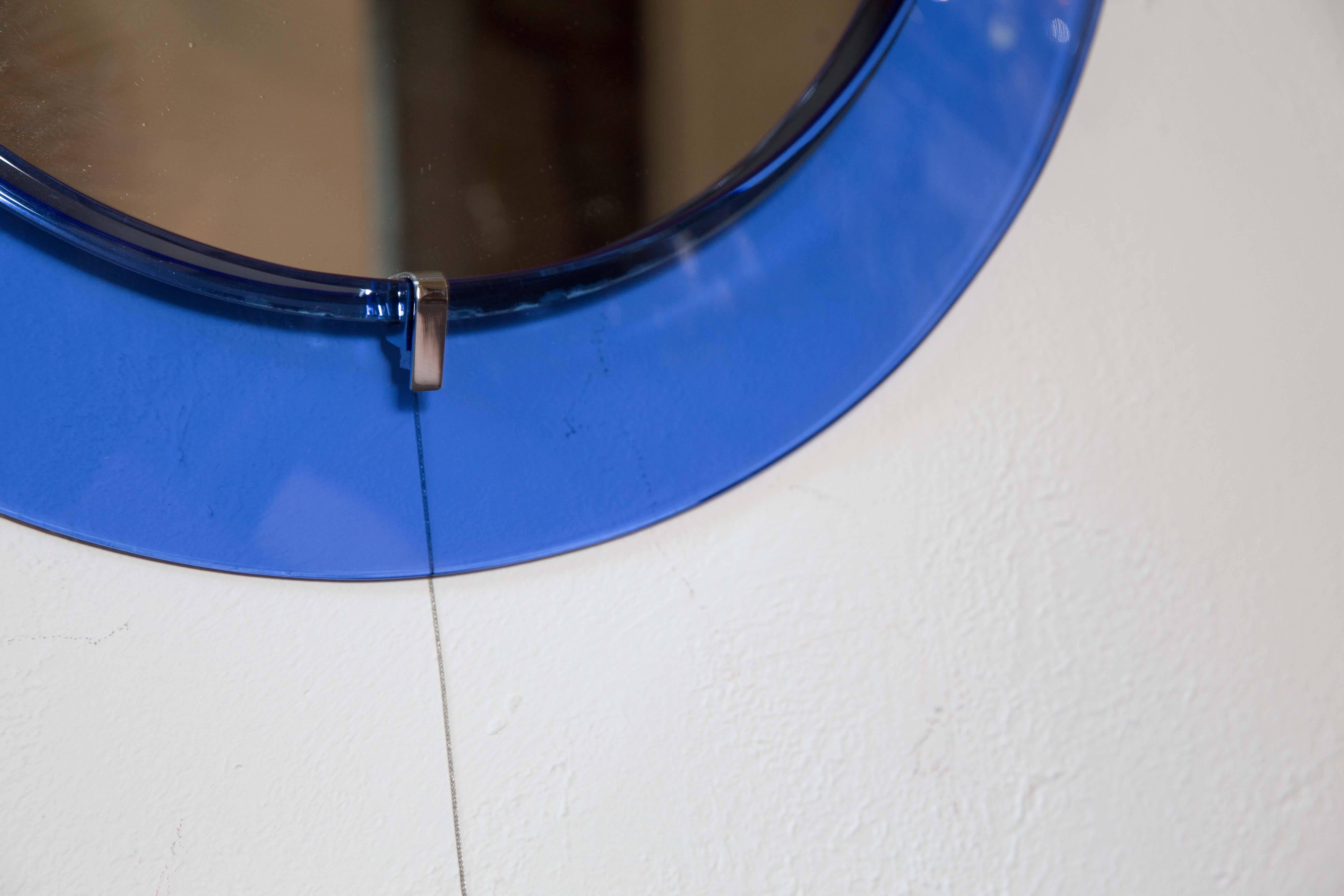 20th Century Circular Mirror with Floating Blue Glass Surround with Chrome Detail