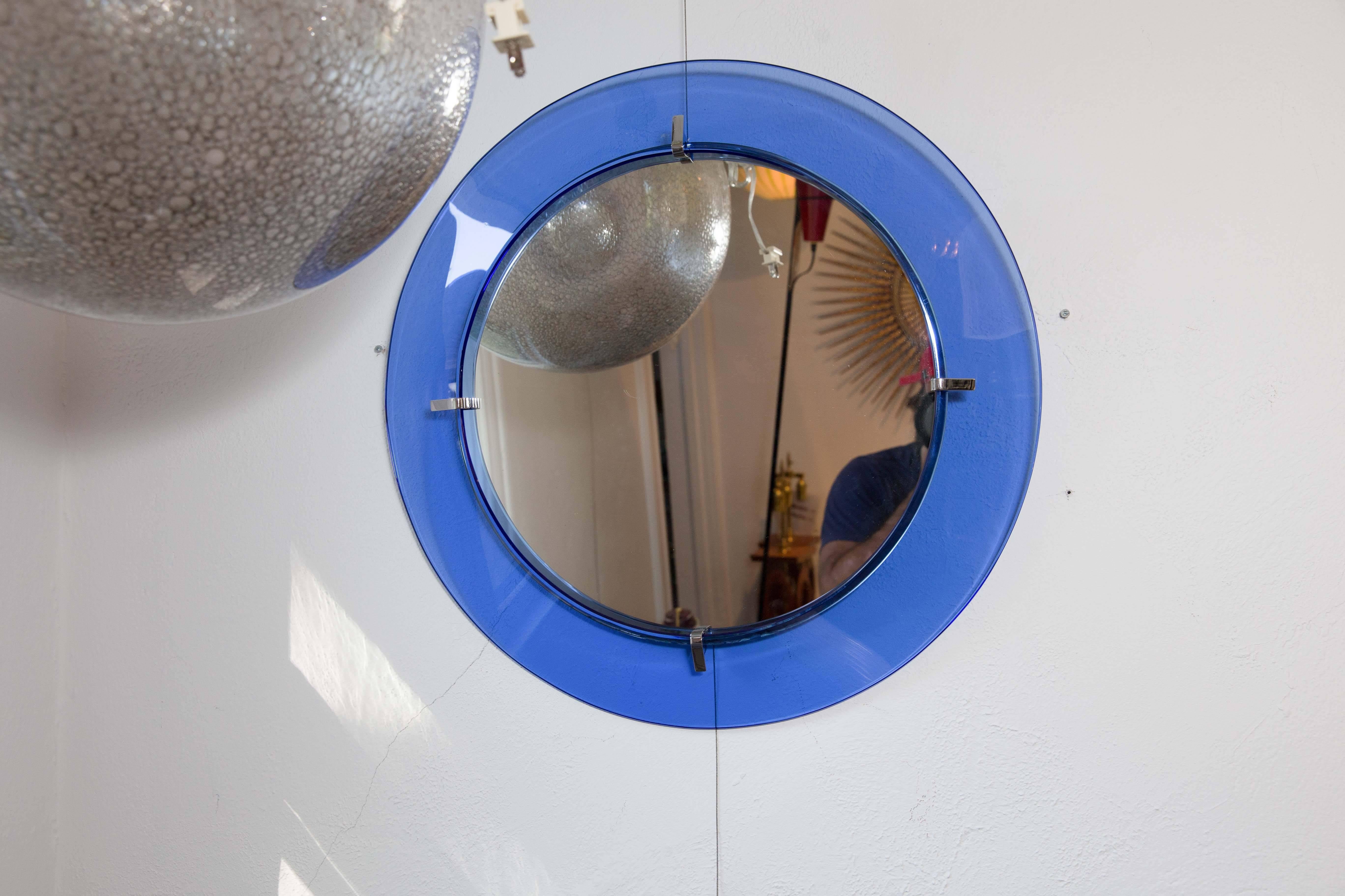 Circular Mirror with Floating Blue Glass Surround with Chrome Detail 2