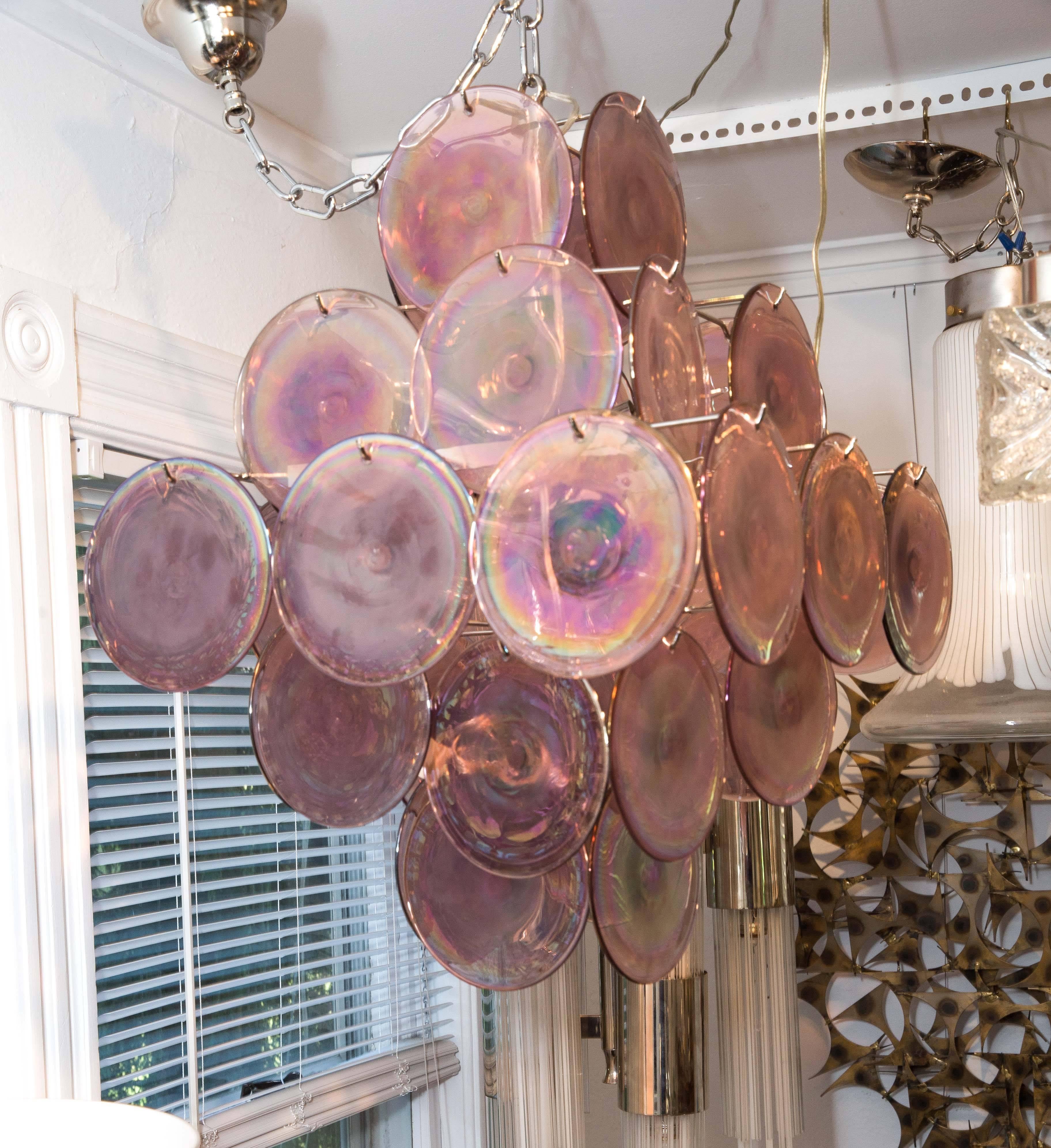 Mid-Century Modern Nickel Chandelier Composed of 36 Layered Purple Glass Disks by Vistosi