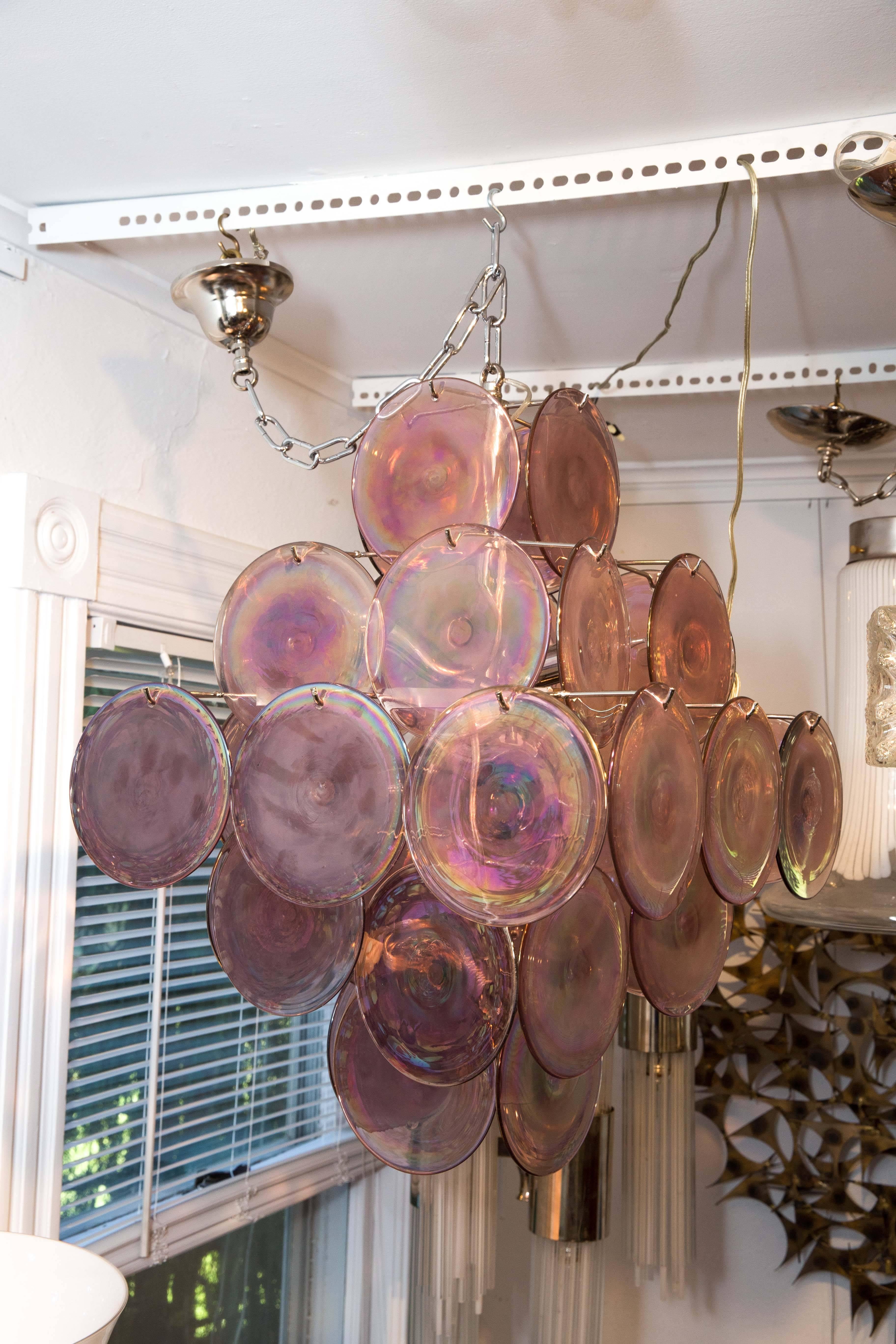 Italian Nickel Chandelier Composed of 36 Layered Purple Glass Disks by Vistosi