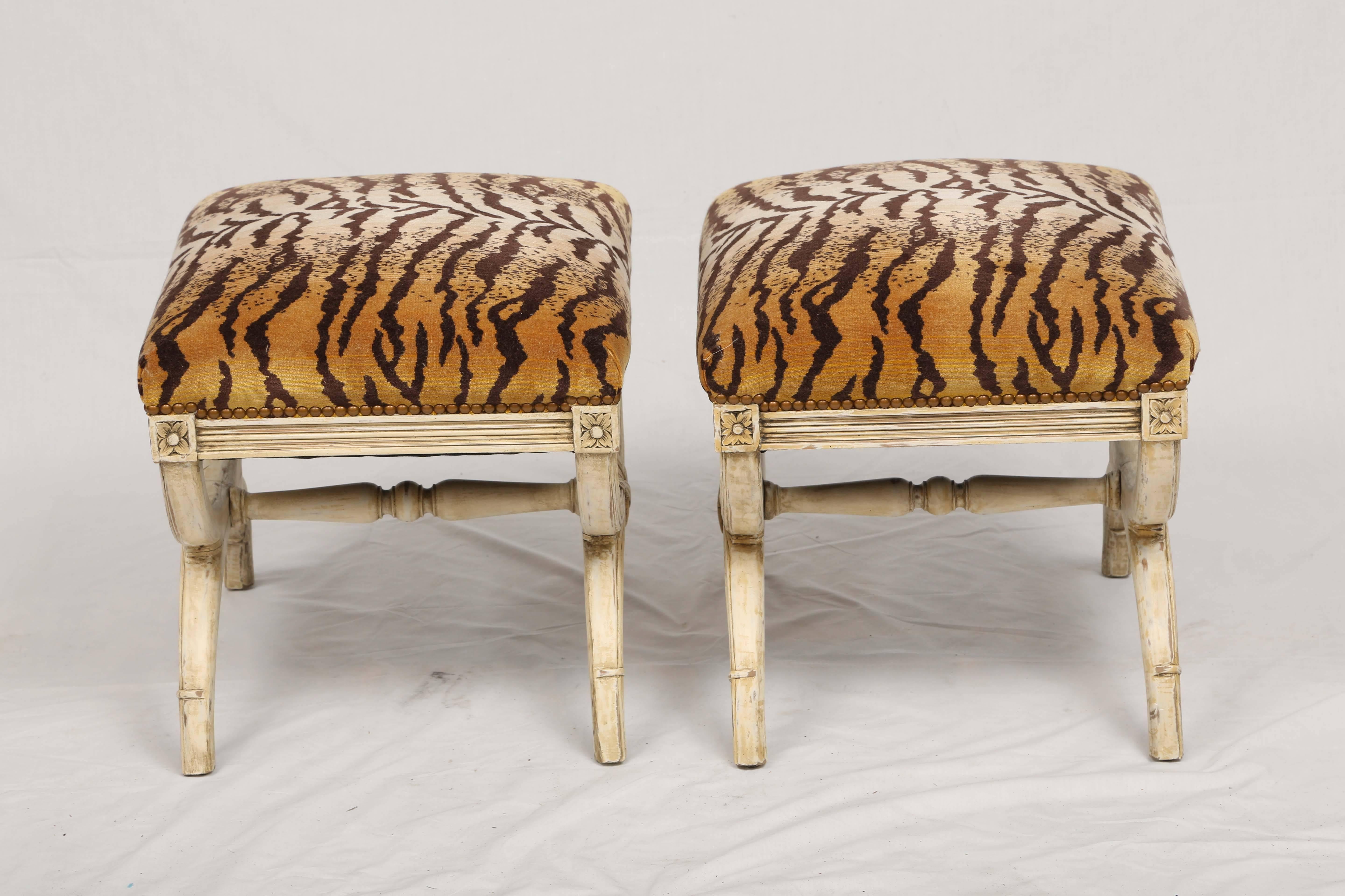 Painted Pair of Curule Stools Upholstered in LeTigre Velvet