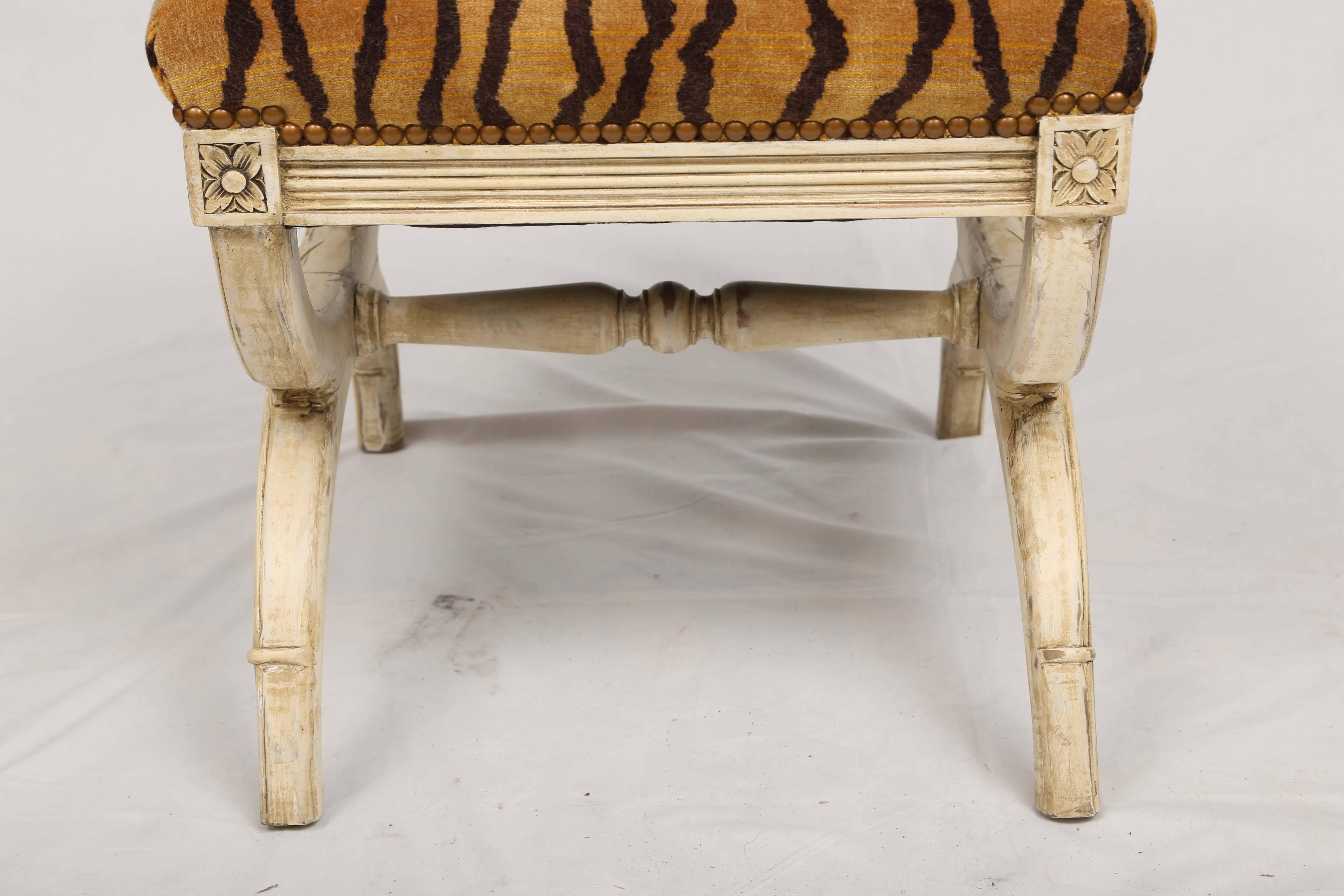 Wood Pair of Curule Stools Upholstered in LeTigre Velvet