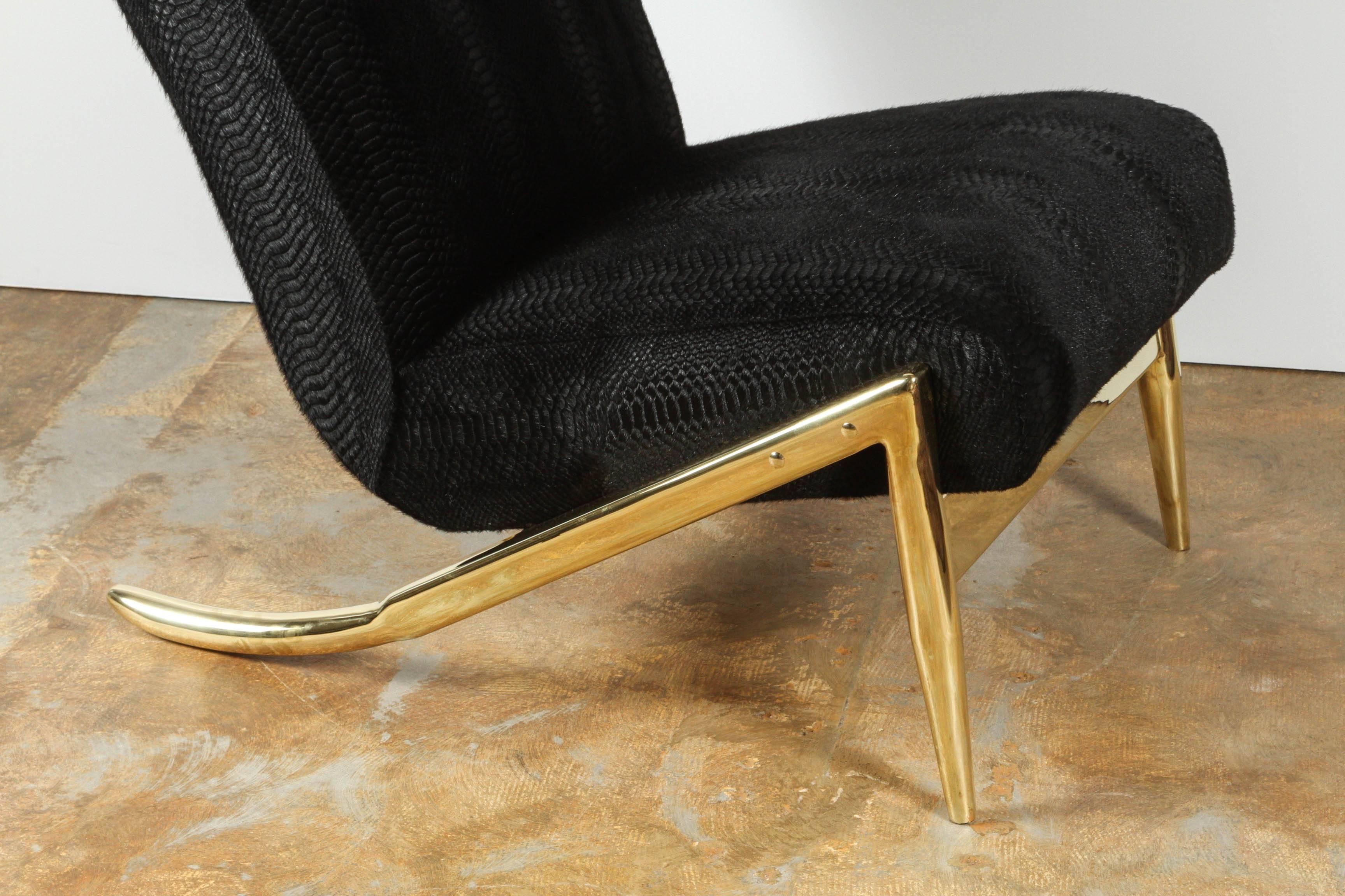 Modern Paul Marra Slipper Chair in Brass with Laser Cut Cowhide Python For Sale