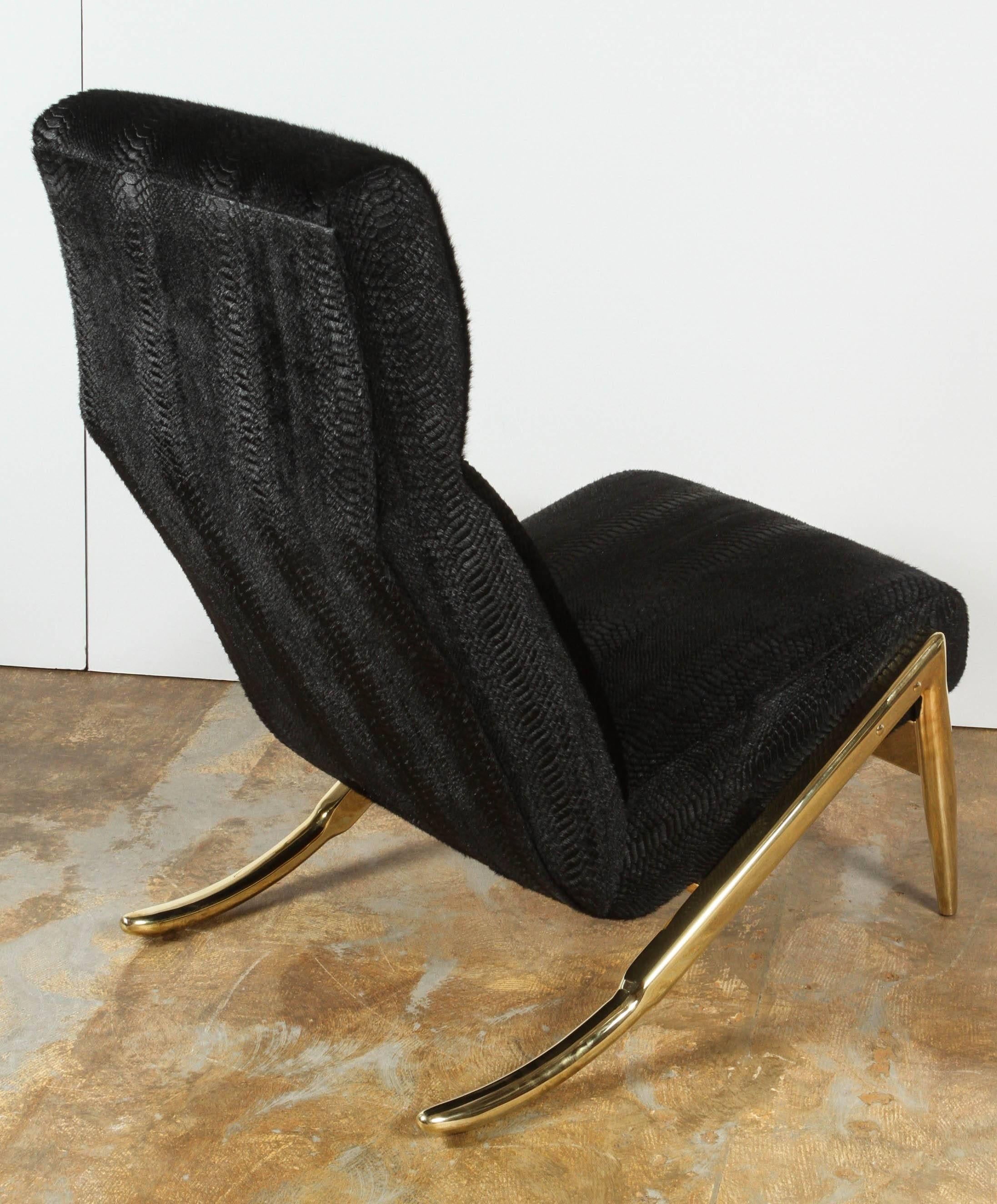 American Paul Marra Slipper Chair in Brass with Laser Cut Cowhide Python For Sale