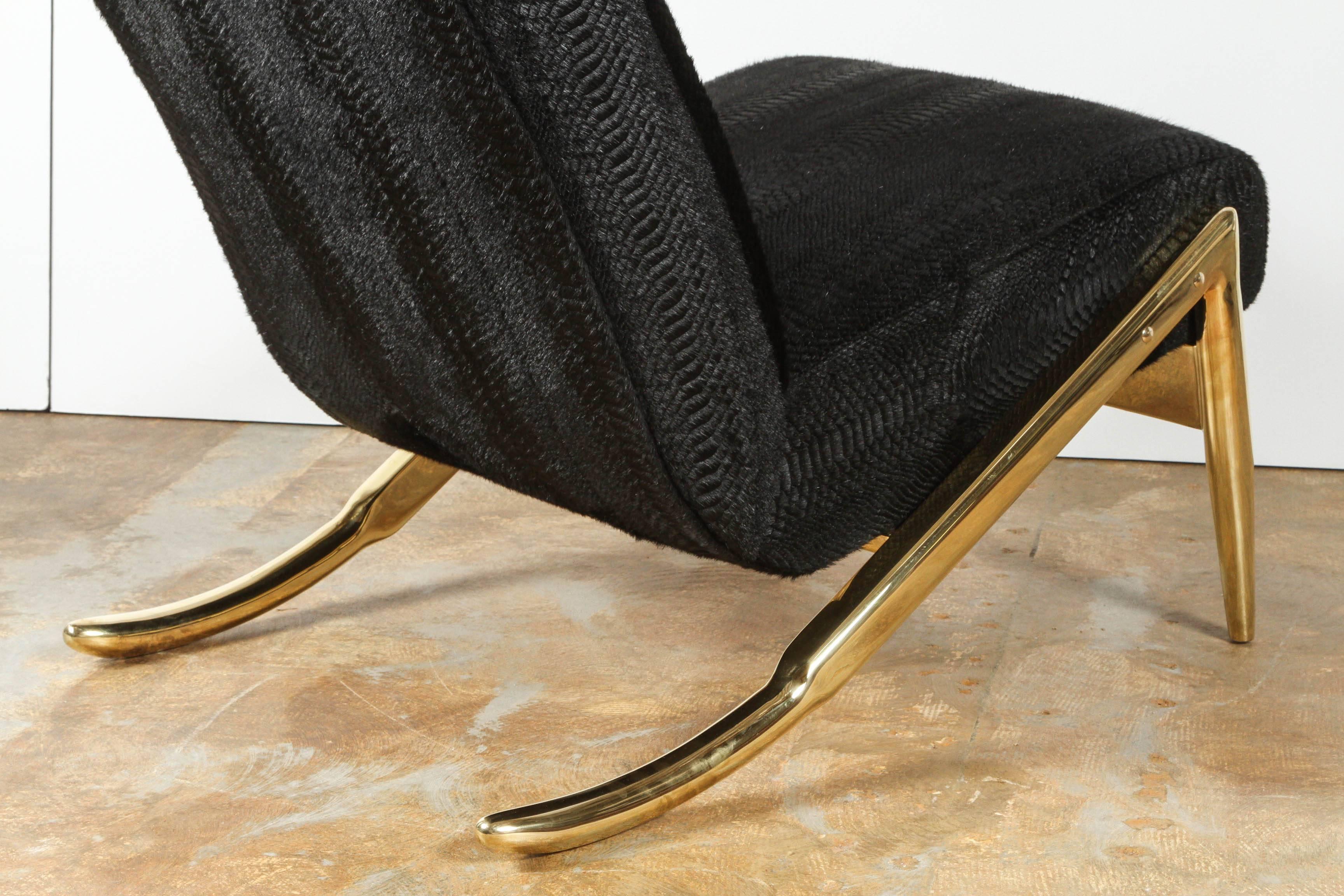 Paul Marra Slipper Chair in Brass with Laser Cut Cowhide Python In New Condition For Sale In Los Angeles, CA