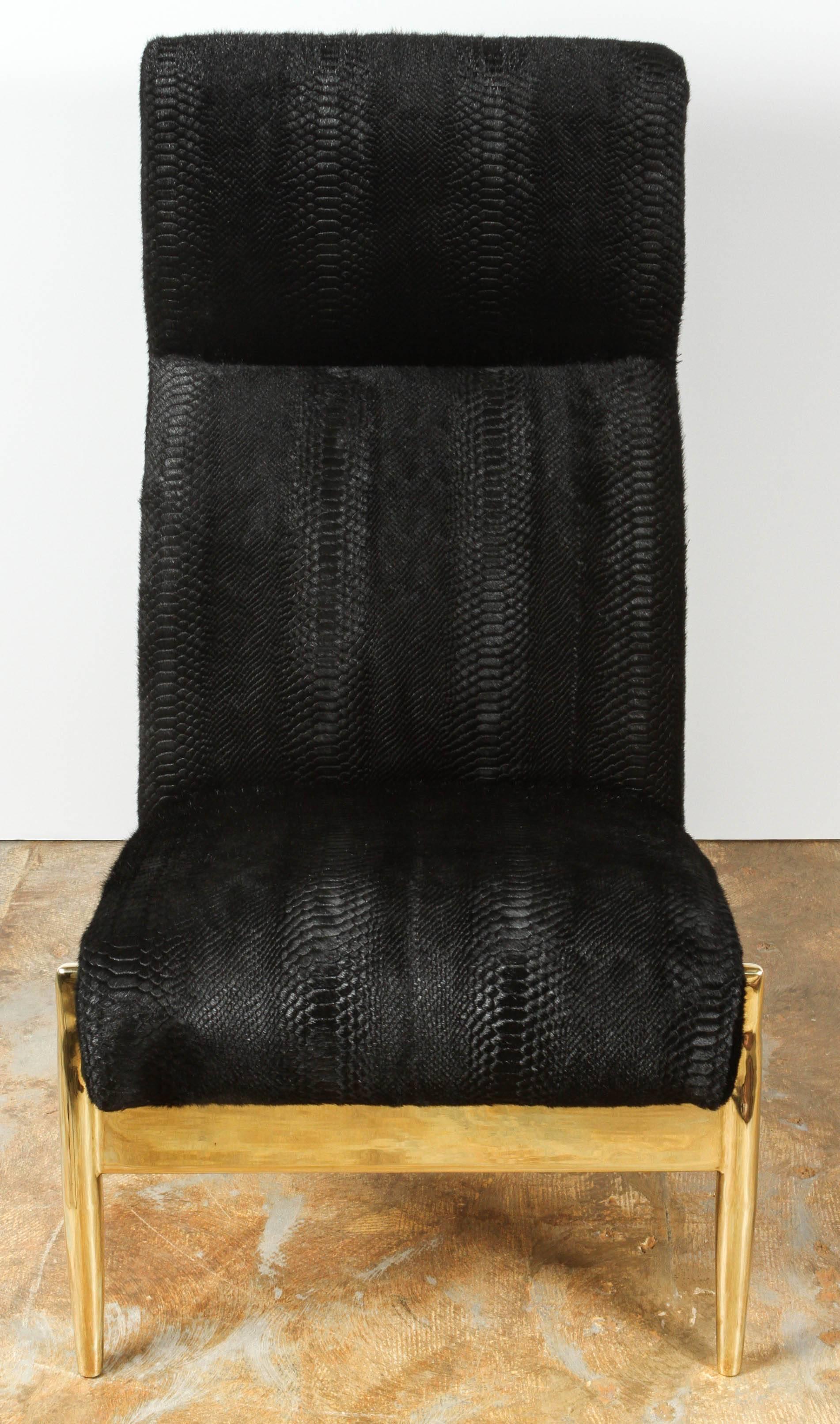 Paul Marra Slipper Chair in Brass with Laser Cut Cowhide Python For Sale 1