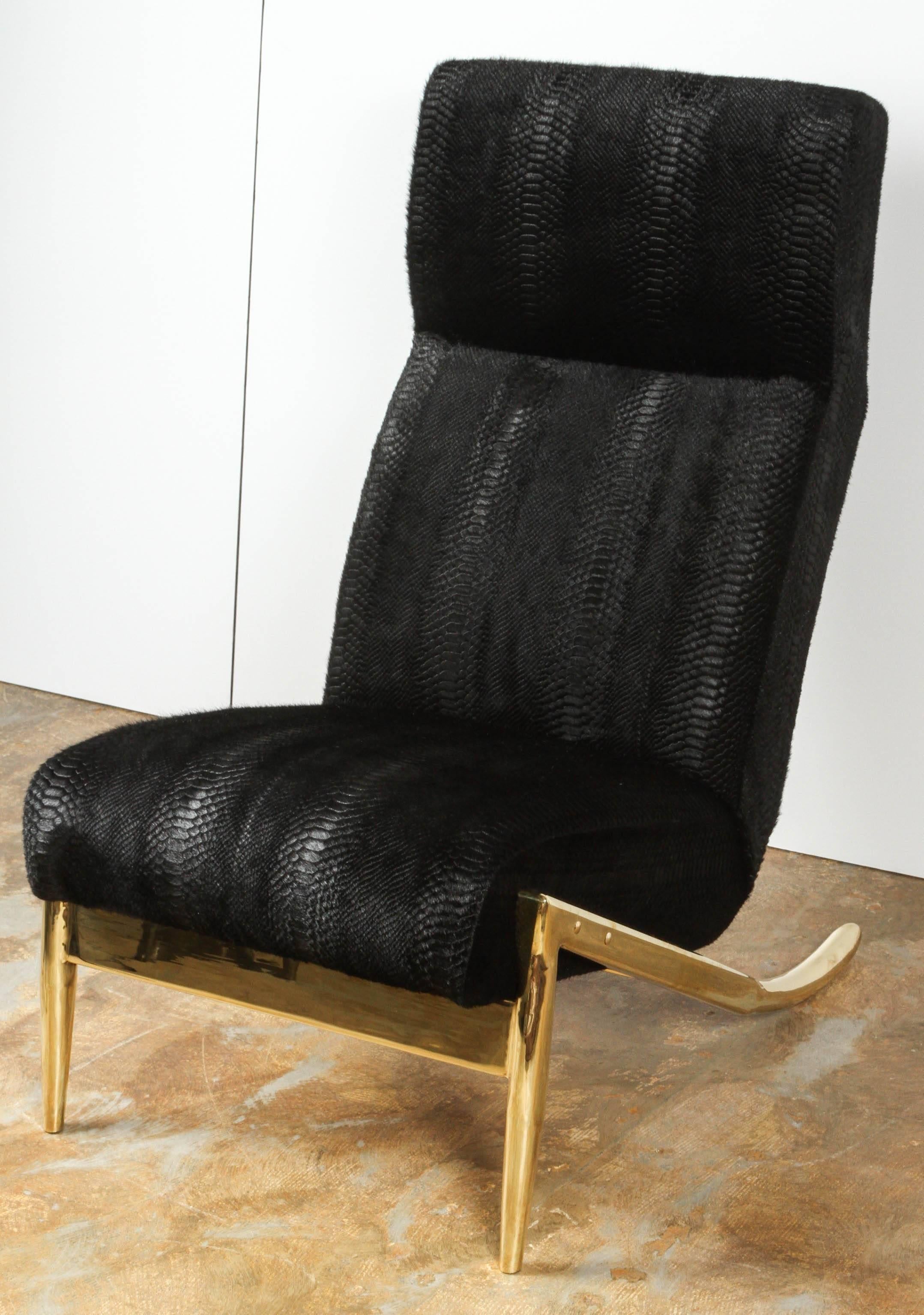 Paul Marra Slipper Chair in Brass with Laser Cut Cowhide Python For Sale 2