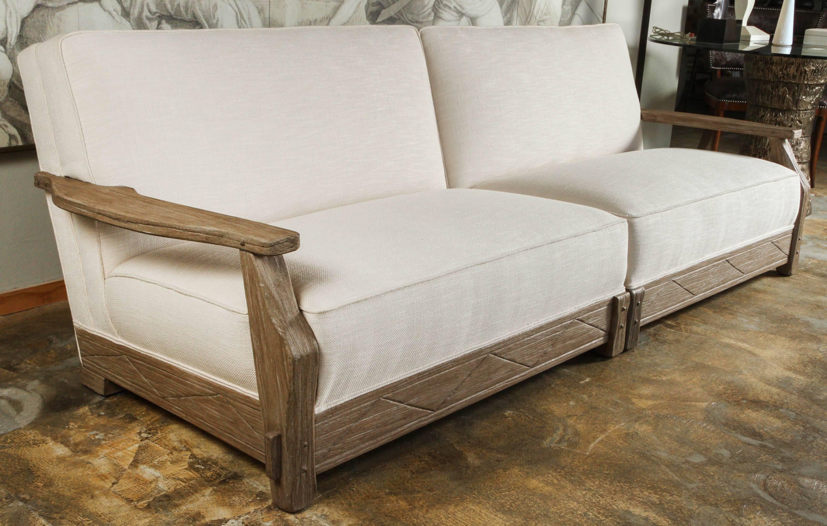 Mid-Century Distressed Oak Sofa New Finish and Upholstery For Sale 1