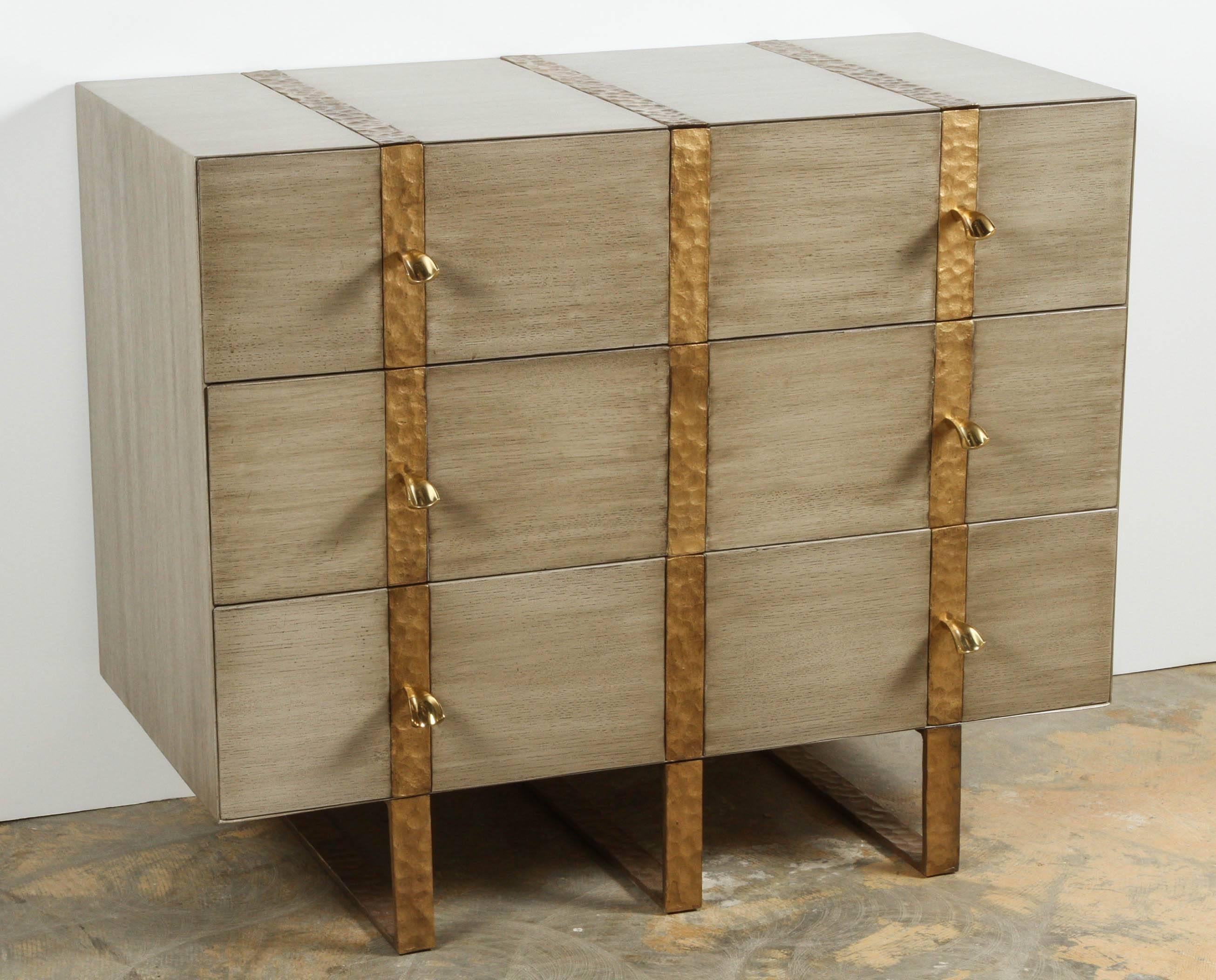 Contemporary Paul Marra Three-Drawer Banded Chest in Bleached Oak and Inset Iron Band For Sale