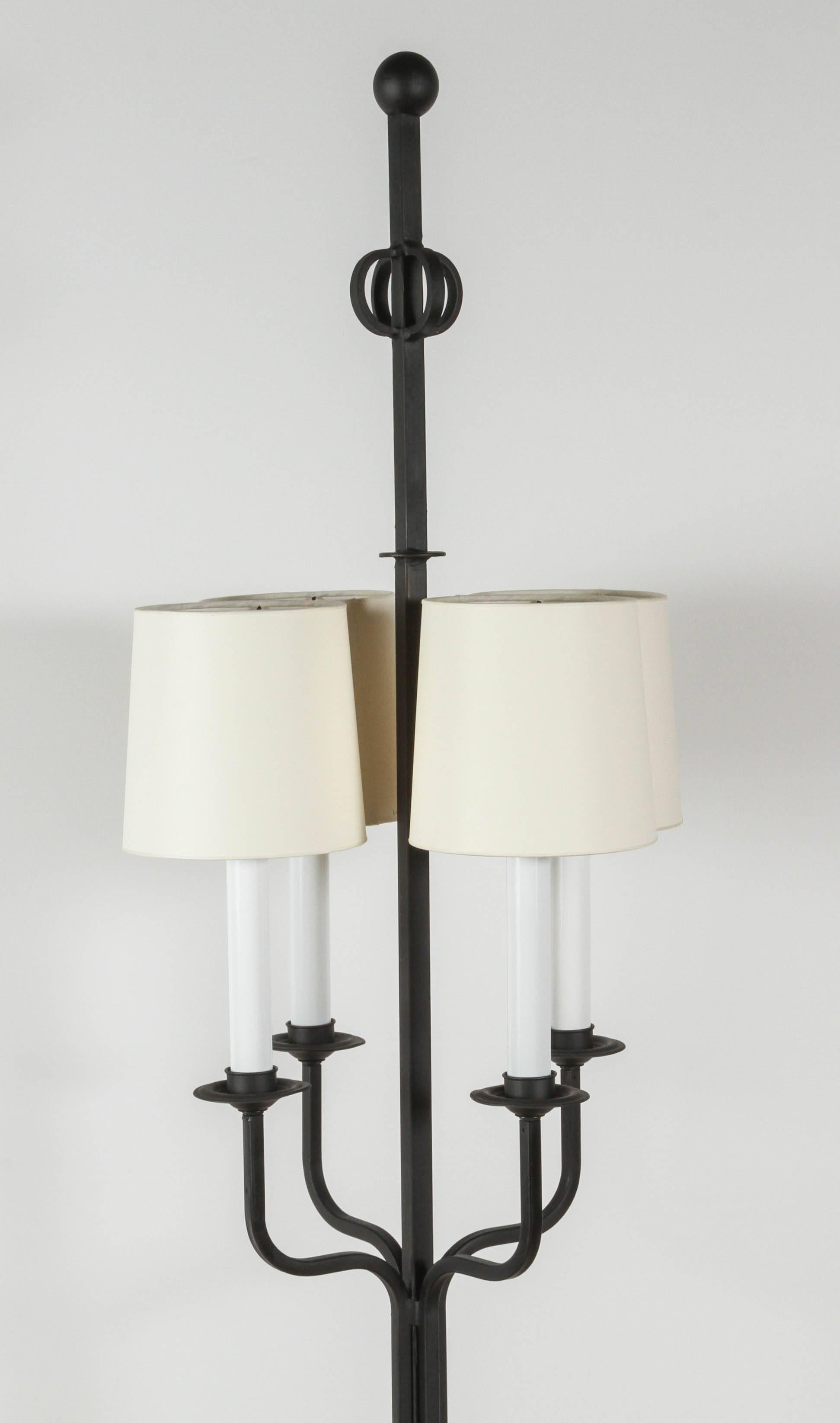 Tommi Parzinger mid-century iron floor lamp. Restored including new electrical and new custom shades.